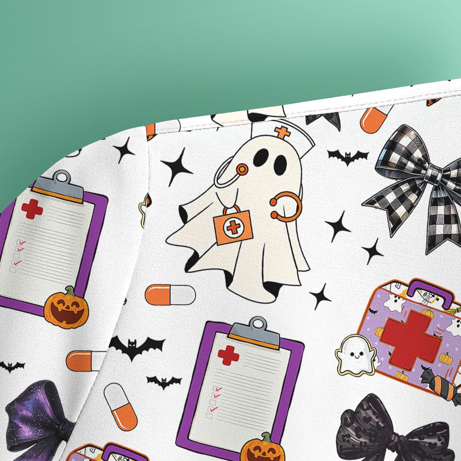Spooky Cute Nurse Scrubs Top - Ghost, Pumpkin & Bow Print - Fun Halloween Medical Shirt for Women Nurses