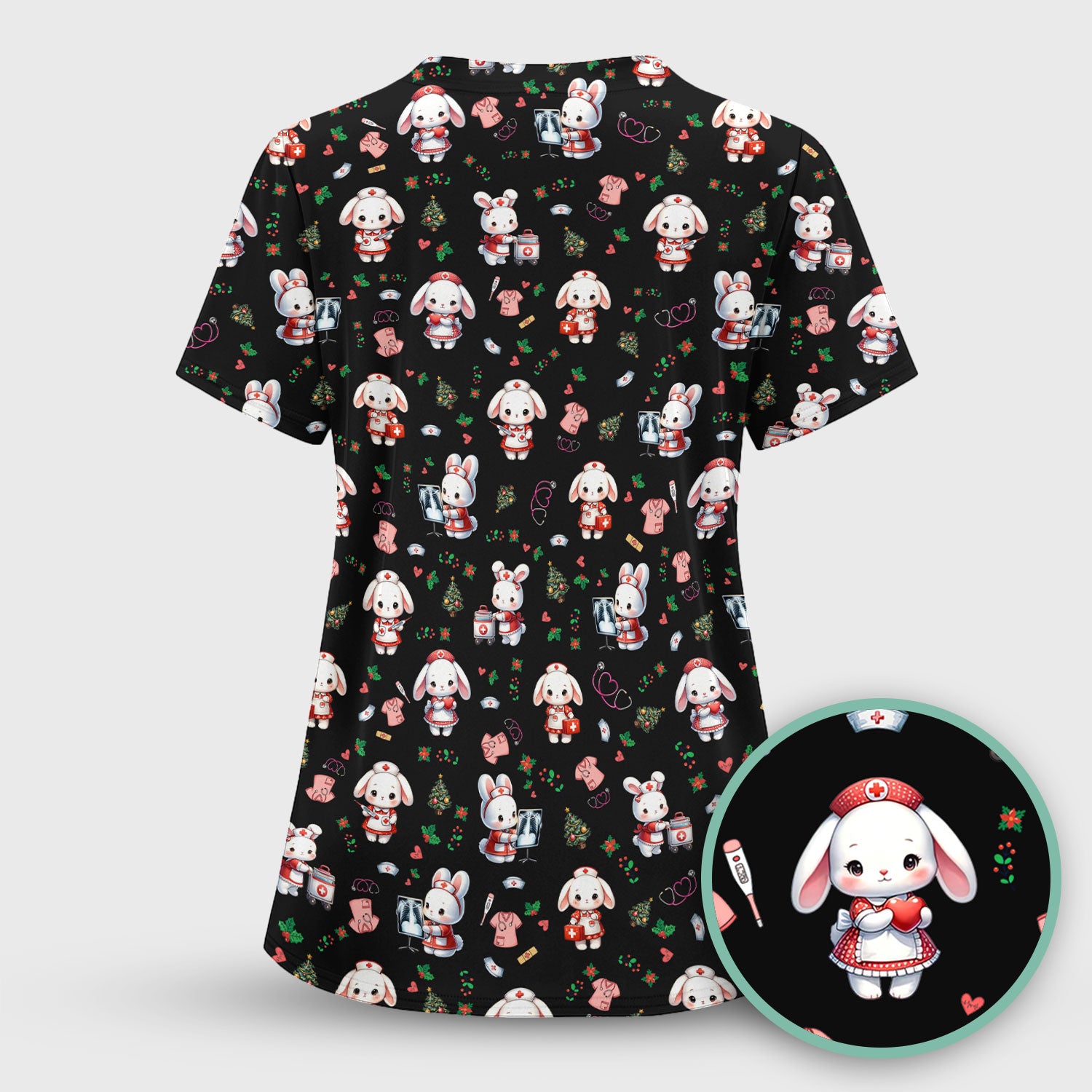 Comfortable Scrubs for Nurses - Funny Bunny Scrub Top - Rabbit Christmas Shirt - Xmas Med Uniform for Women