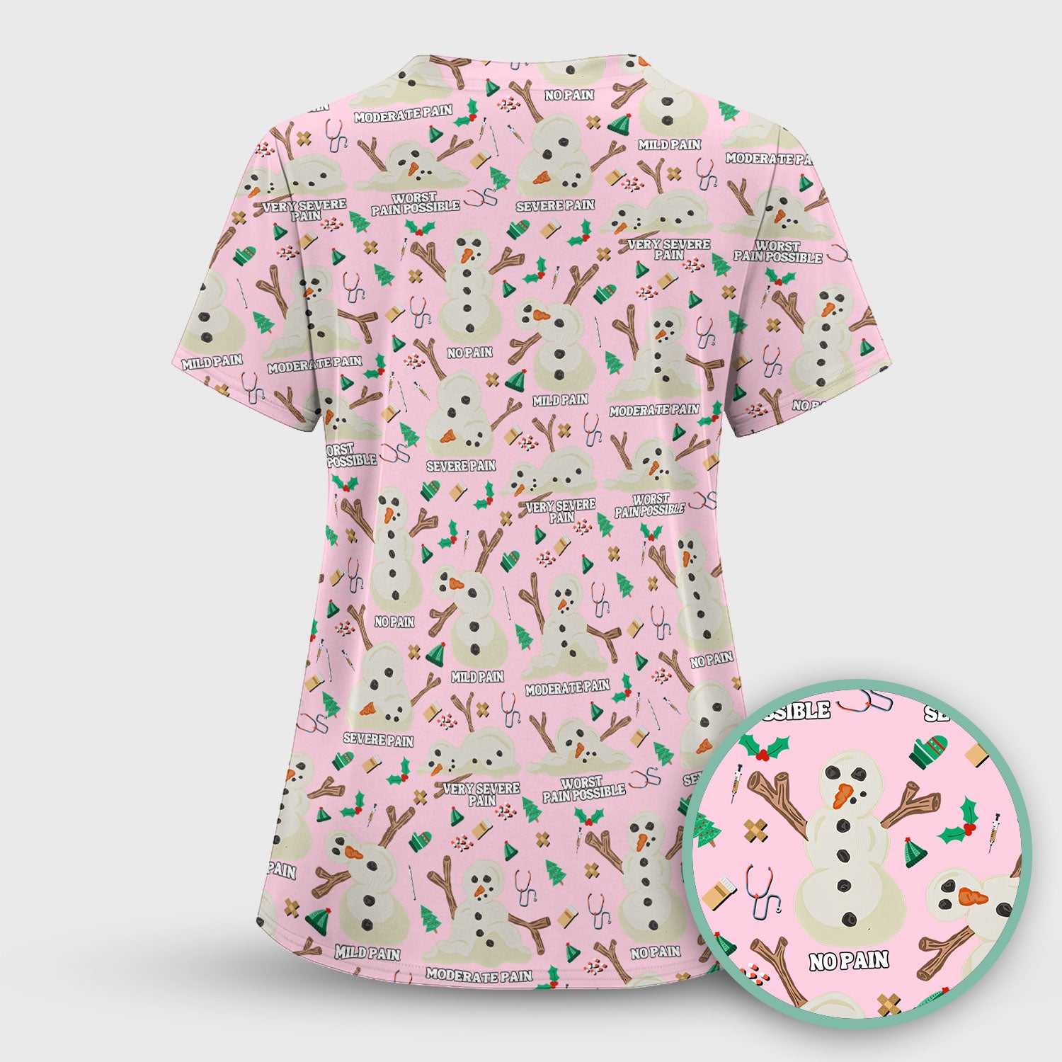 Christmas Snowman Nurse Scrub Top for Women - Funny Pain Scale Medical Shirt - Cute Holiday Nursing Uniform Gift for RN LPN CNA