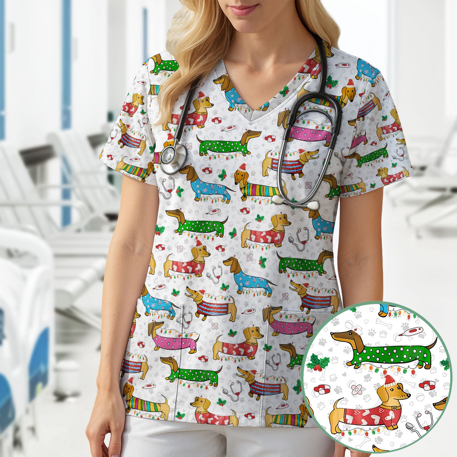 Christmas Scrub Top for Women - Funny Dachshund Nurse Shirt - Cute Holiday Medical Uniform Gift for RN LPN CNA