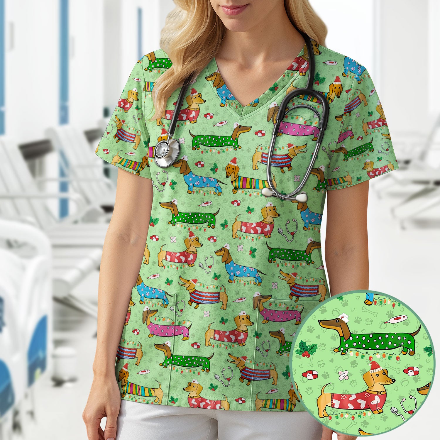 Christmas Scrub Top for Women - Funny Dachshund Nurse Shirt - Cute Holiday Medical Uniform Gift for RN LPN CNA