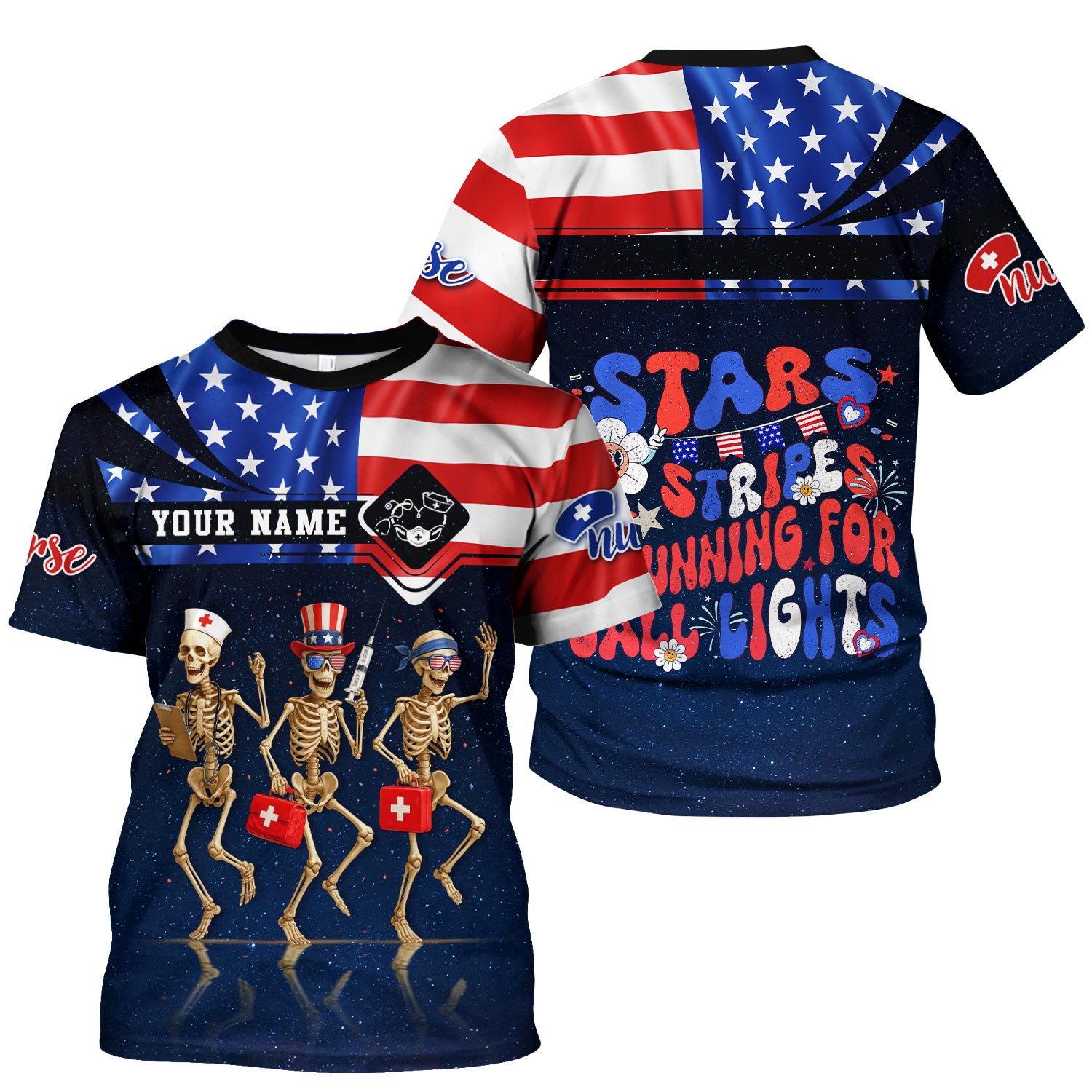 Funny Nurse Skeleton Shirt - Personalized 4th of July Scrub Life Tee - Custom Name RN CNA LPN Gift