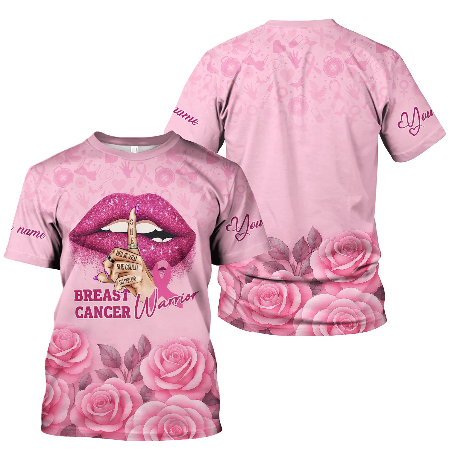 Personalized Breast Cancer Warrior Shirt - She Believed She Could Pink Ribbon Design - Gift for Women RN LPN CNA