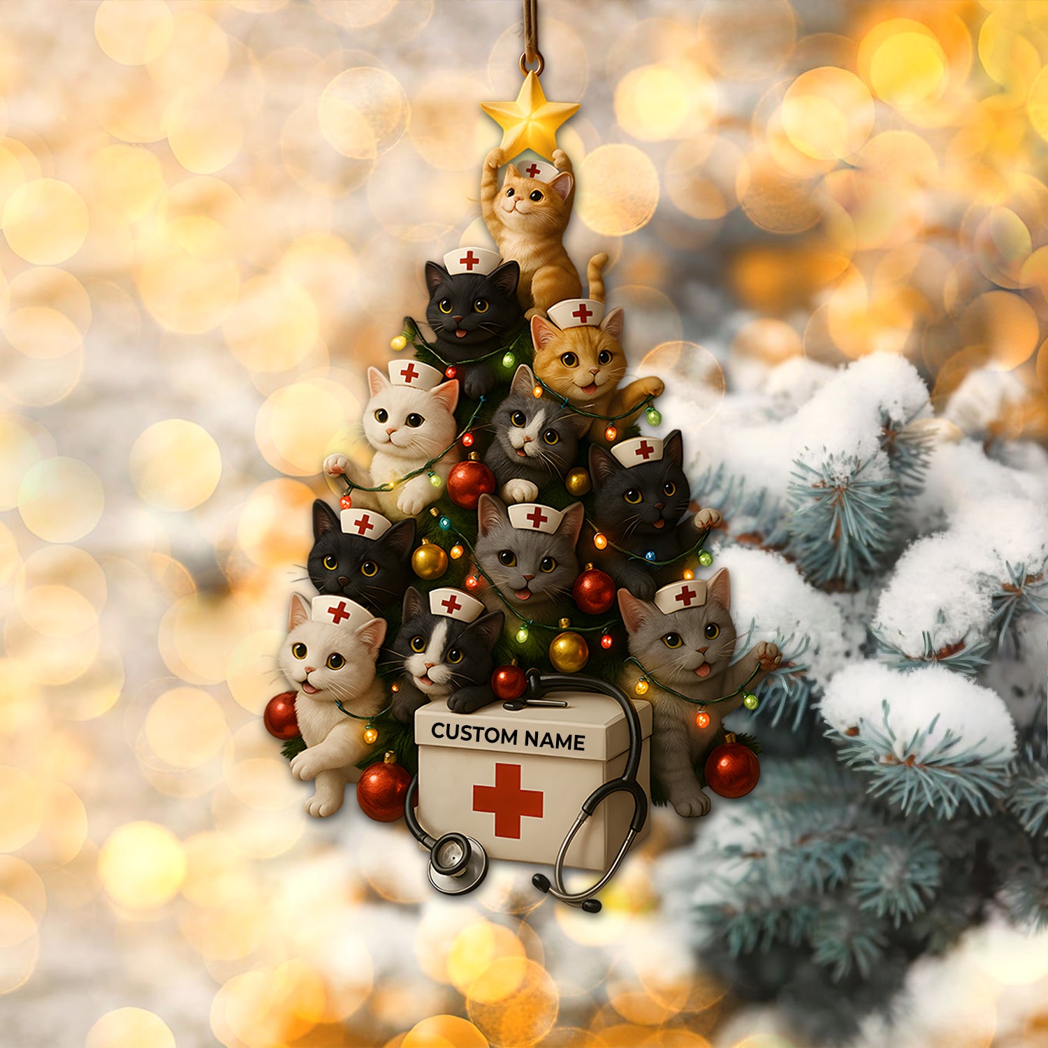 Custom Name Nurse Cat Ornament, Christmas Tree Medical Design, RN LPN CNA Healthcare Workers Gift