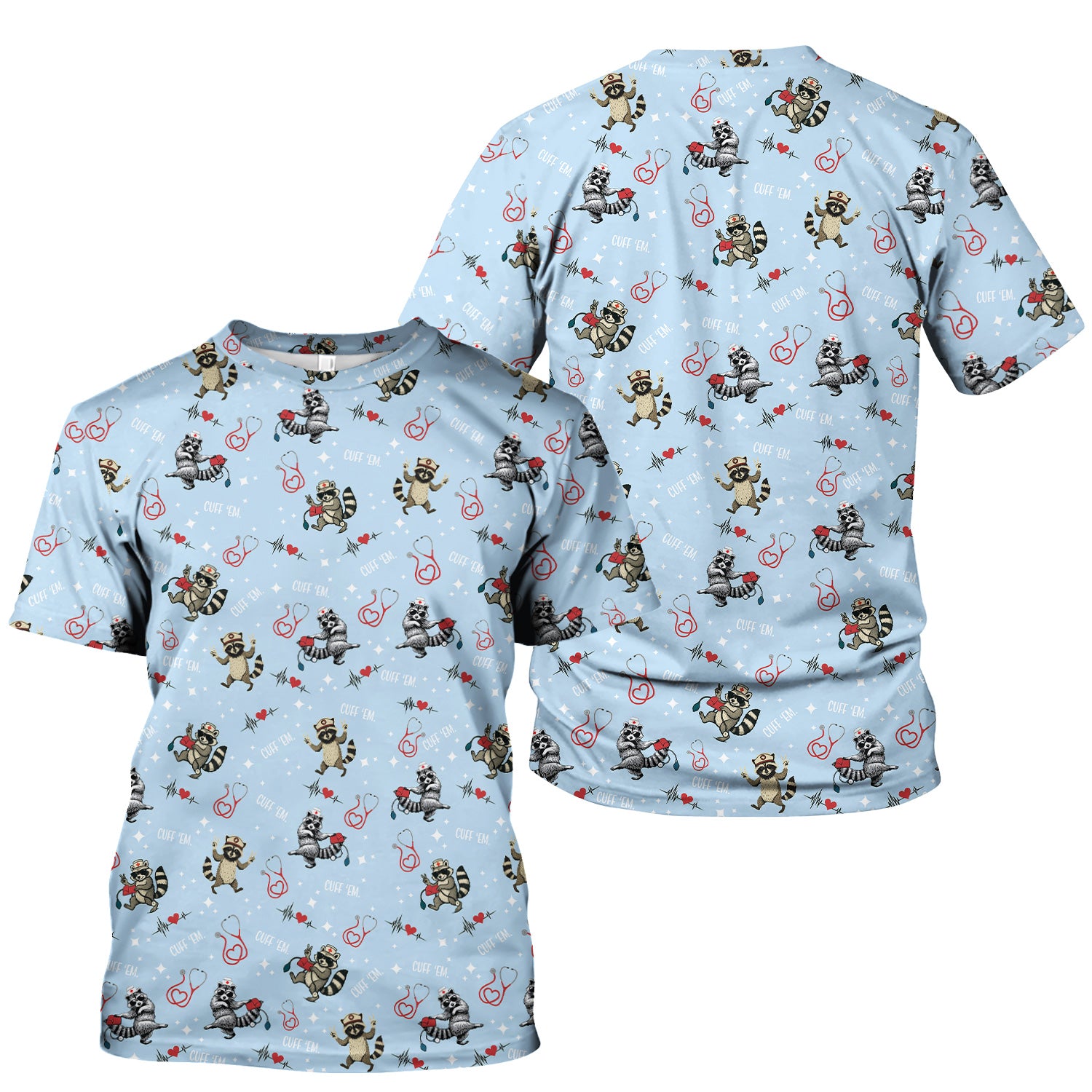Cuff ‰Û÷Em Raccoon Nurse Shirt - Funny Medical Scrub T-Shirt for CNA EMT LPN - Cute All Over Print Gift for Healthcare Workers