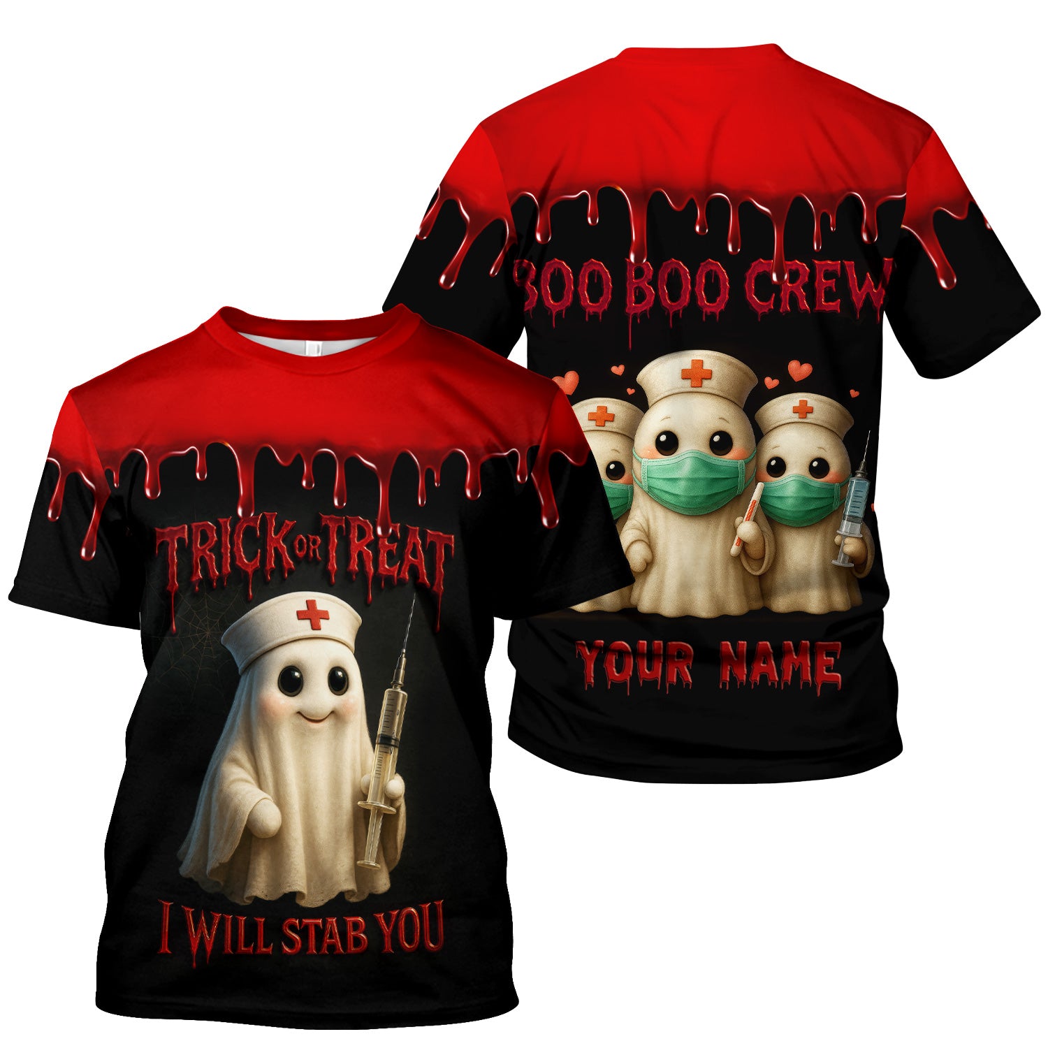 Funny Halloween Nurse T-shirt - Trick or Treat Boo Boo Crew with Syringe Design - Customizable Gift for Healthcare Workers, RN, LPN