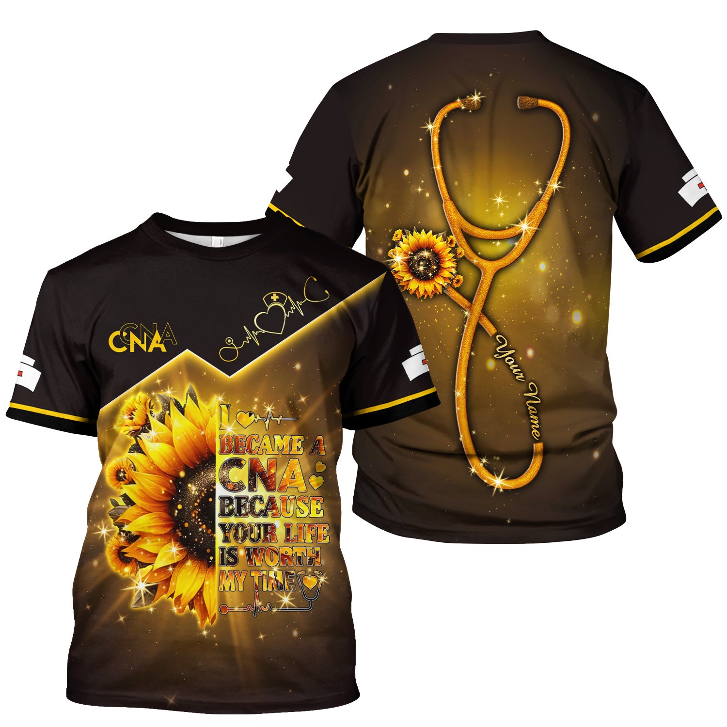 Custom Inspirational CNA T-Shirt - Golden Sunflower & Stethoscope Graphic Tee - Gift for RN LPN Healthcare Workers