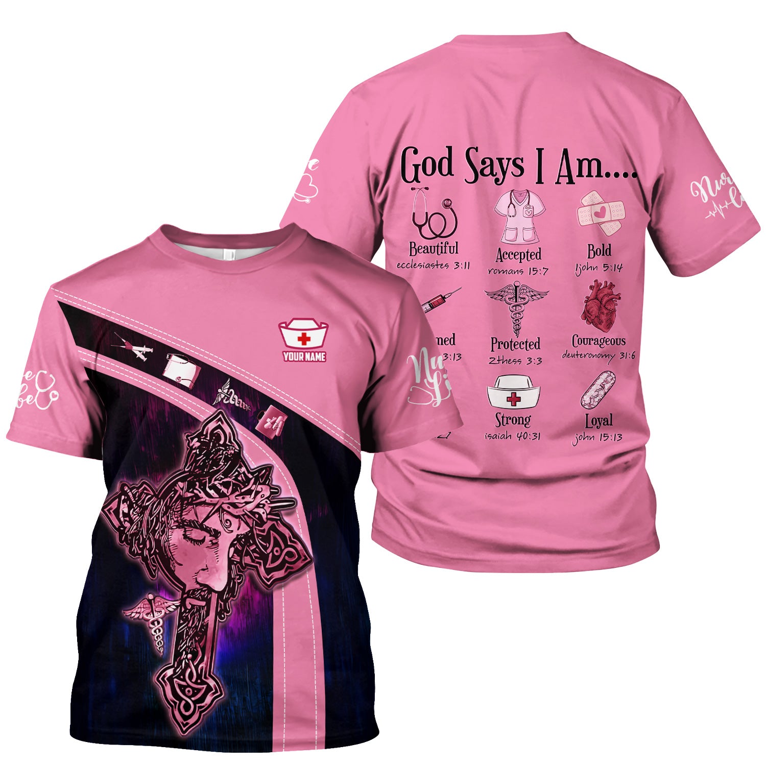 Personalized Christian Nurse T-Shirt - Jesus on the Cross Faith Graphic Tee - Gift for RN LPN CNA Healthcare Professionals