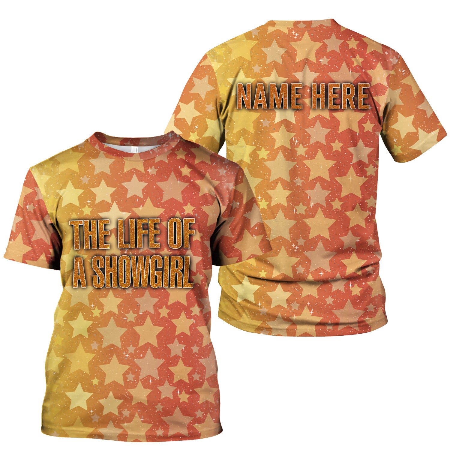 Custom Women's Showgirl Tee - All-Over Print Sparkly Star TS12 Orange Shirt - Gift for RN LPN CNA
