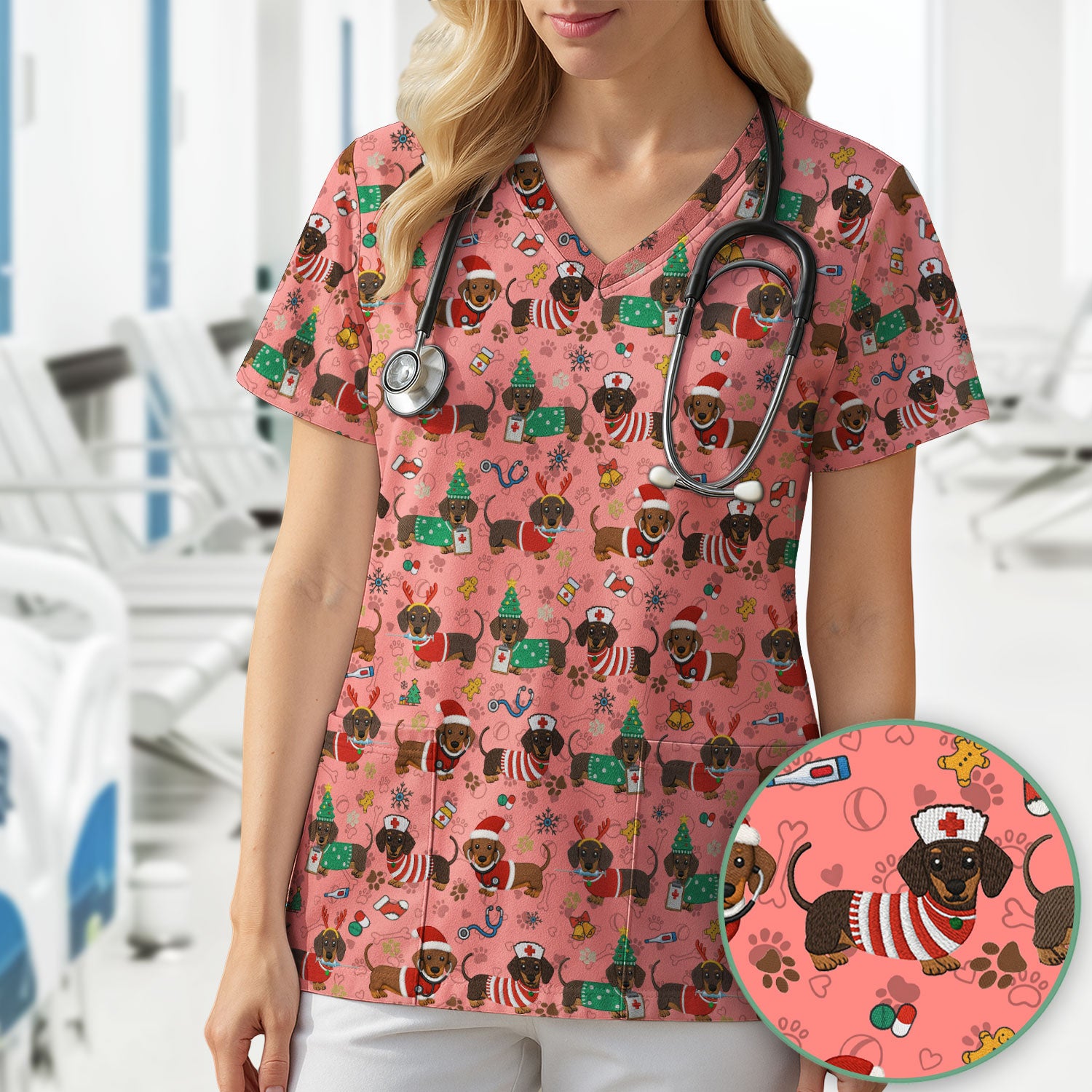 Christmas Wiener Dog Scrub Top for Nurses - Cute Dachshund Medical Shirt - Fun Holiday Scrubs Gift for Women RN CNA LPN