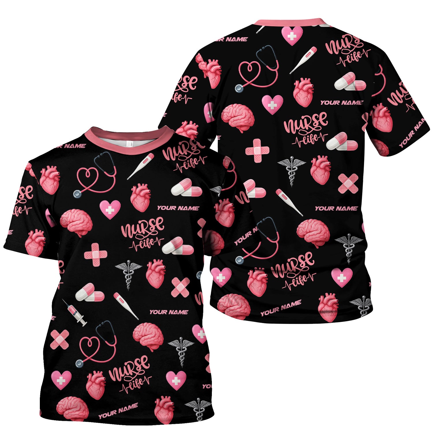 Personalized Nurse Life Shirt - Cute Medical Pattern with Heart Brain Pills Stethoscope - Custom Name Gift for RN CNA LPN Women in Healthcare and Nursing Profession