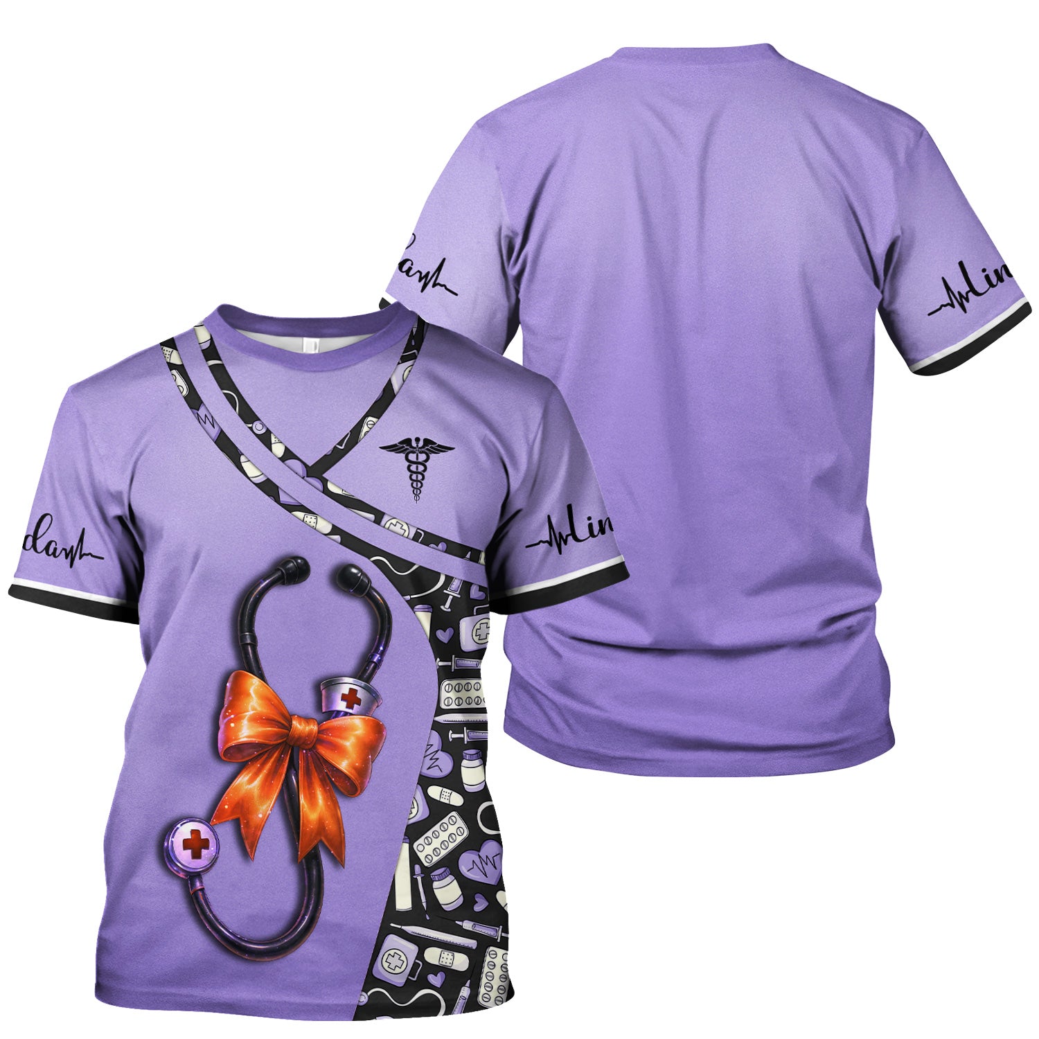 Personalized Halloween Nurse Shirt for Women - Stethoscope Scrub Top with Bow Design - Custom Name RN LPN CNA Gift