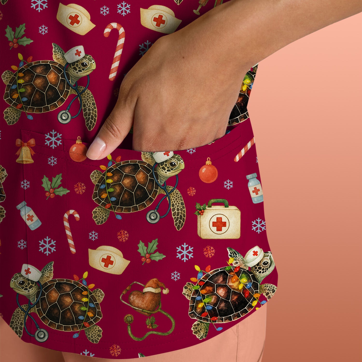 Christmas Turtle Scrub Top for Women - Cute Sea Turtle Nursing Medical Shirt - Festive Holiday Scrubs for CNA LPN RN