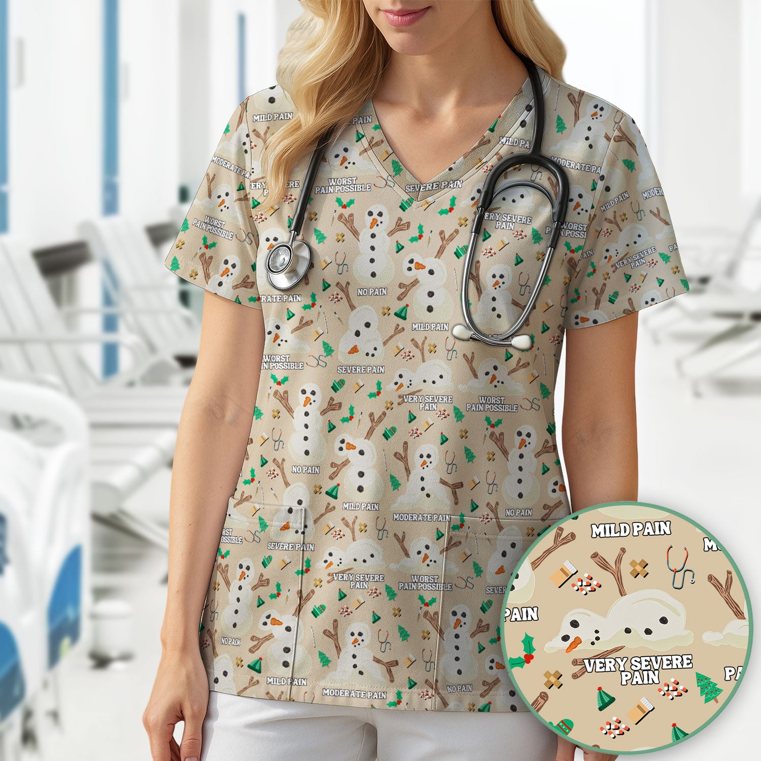 Christmas Snowman Nurse Scrub Top for Women - Funny Pain Scale Medical Shirt - Cute Holiday Nursing Uniform Gift for RN LPN CNA