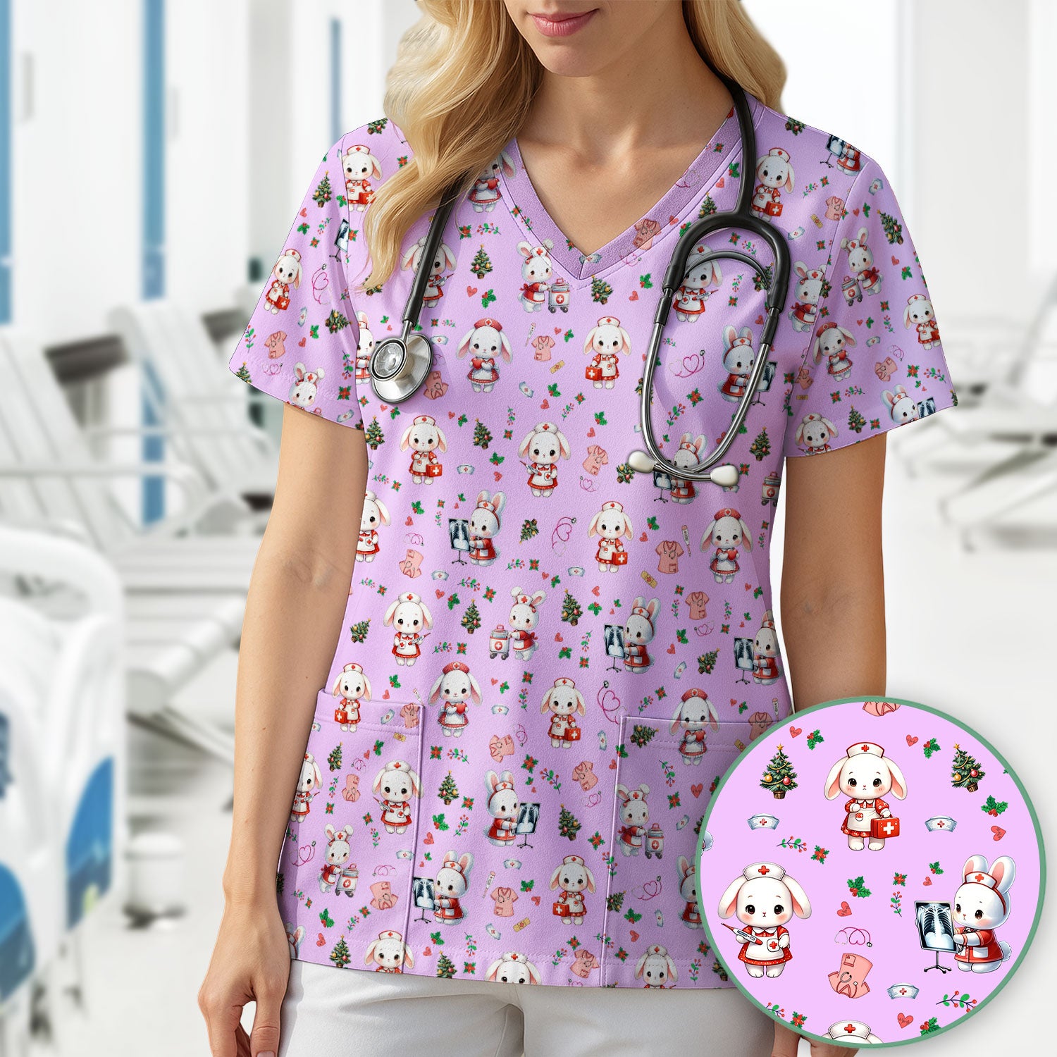 Comfortable Scrubs for Nurses - Funny Bunny Scrub Top - Rabbit Christmas Shirt - Xmas Med Uniform for Women