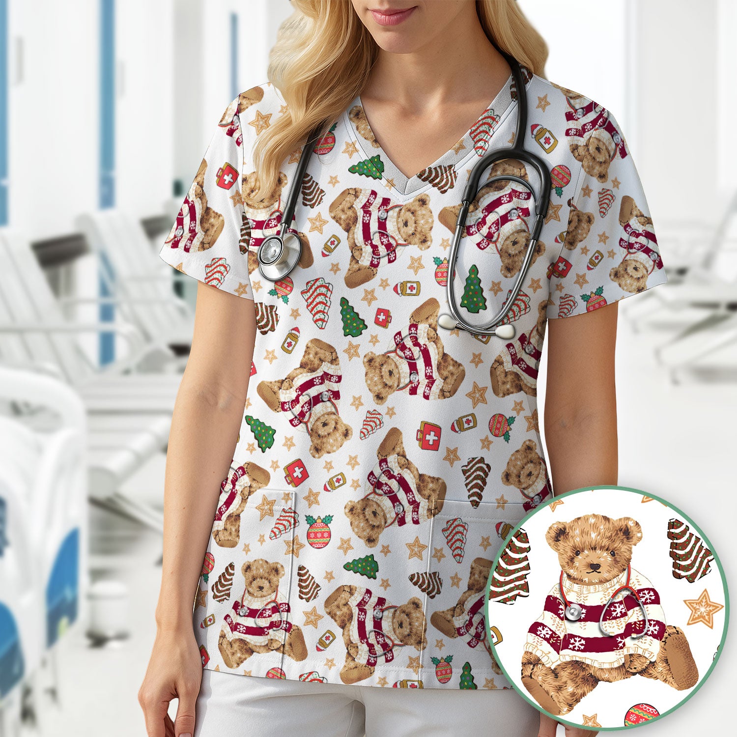 Christmas Teddy Bear Scrub Top for Nurses - Cozy Holiday Pattern with Cute Bear and Medical Icons - Festive Scrubs for Women