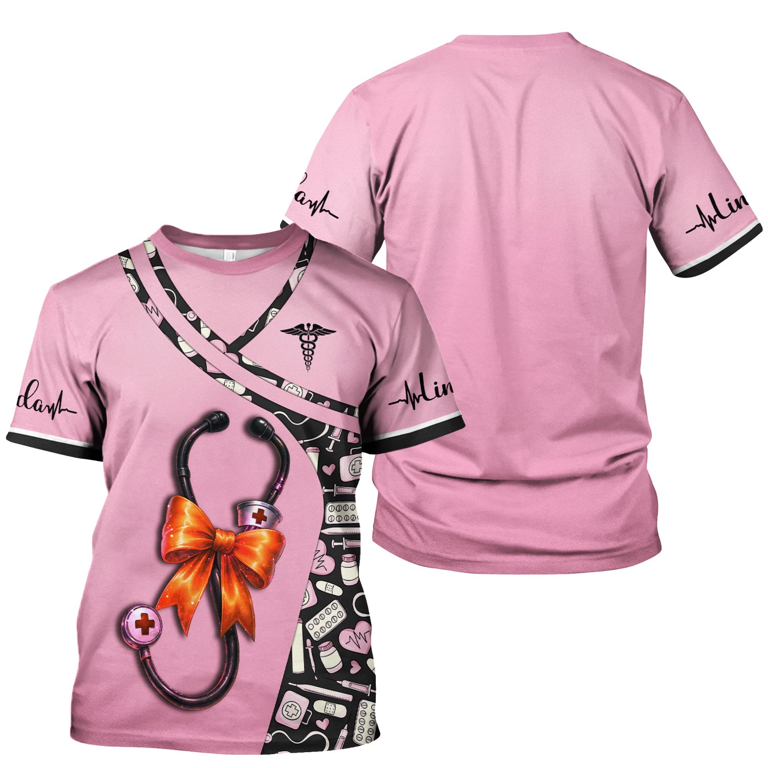 Personalized Halloween Nurse Shirt for Women - Stethoscope Scrub Top with Bow Design - Custom Name RN LPN CNA Gift