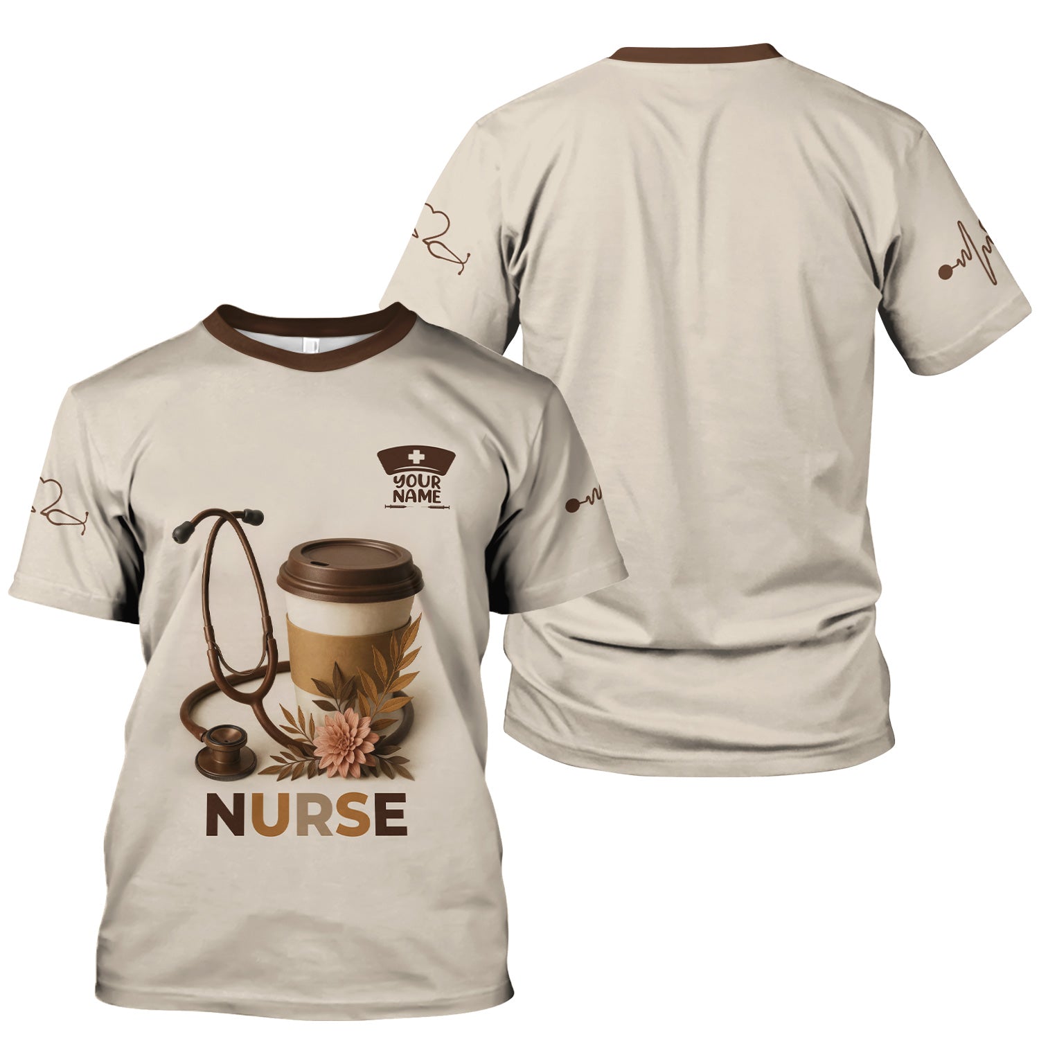 Personalized Coffee Nurse Shirt - Brown Stethoscope Floral Design - Cute Gift for RN LPN CNA Women