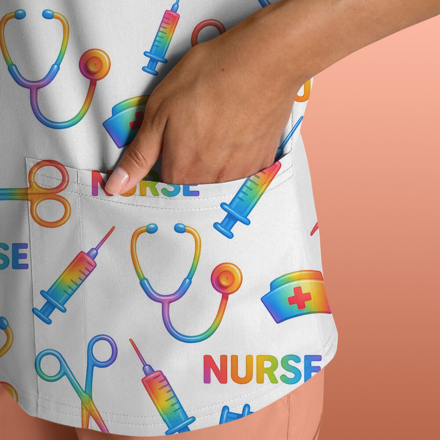 Colorful Nurse Scrub Top for Women - Rainbow Syringe and Scissors Pattern - Fun Medical Scrubs Shirt Gift for RN LPN CNA