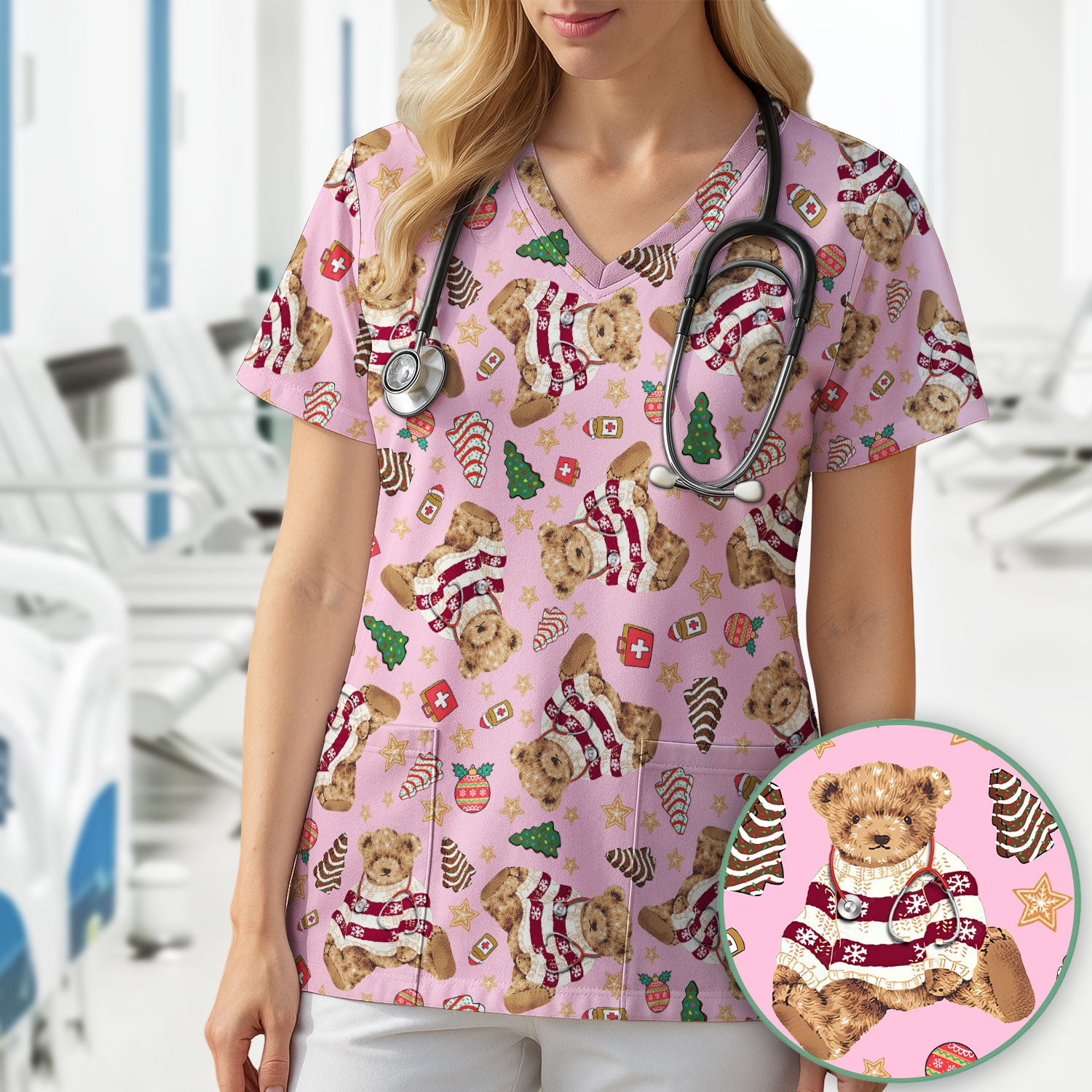 Christmas Teddy Bear Scrub Top for Nurses - Cozy Holiday Pattern with Cute Bear and Medical Icons - Festive Scrubs for Women