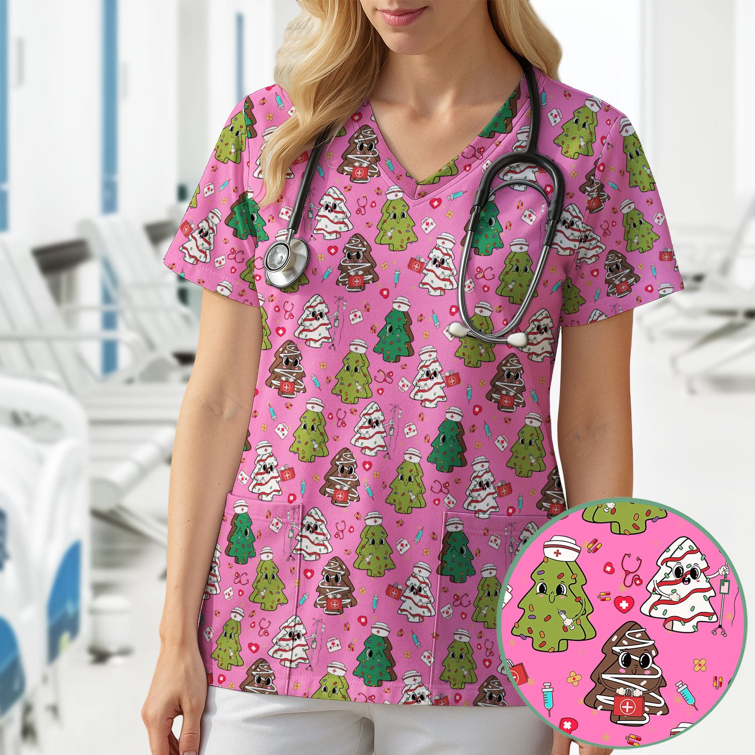 Christmas Tree Nurse Scrub Top for Women - Cute Holiday Nursing Shirt - Funny Xmas Gift for RN LPN CNA