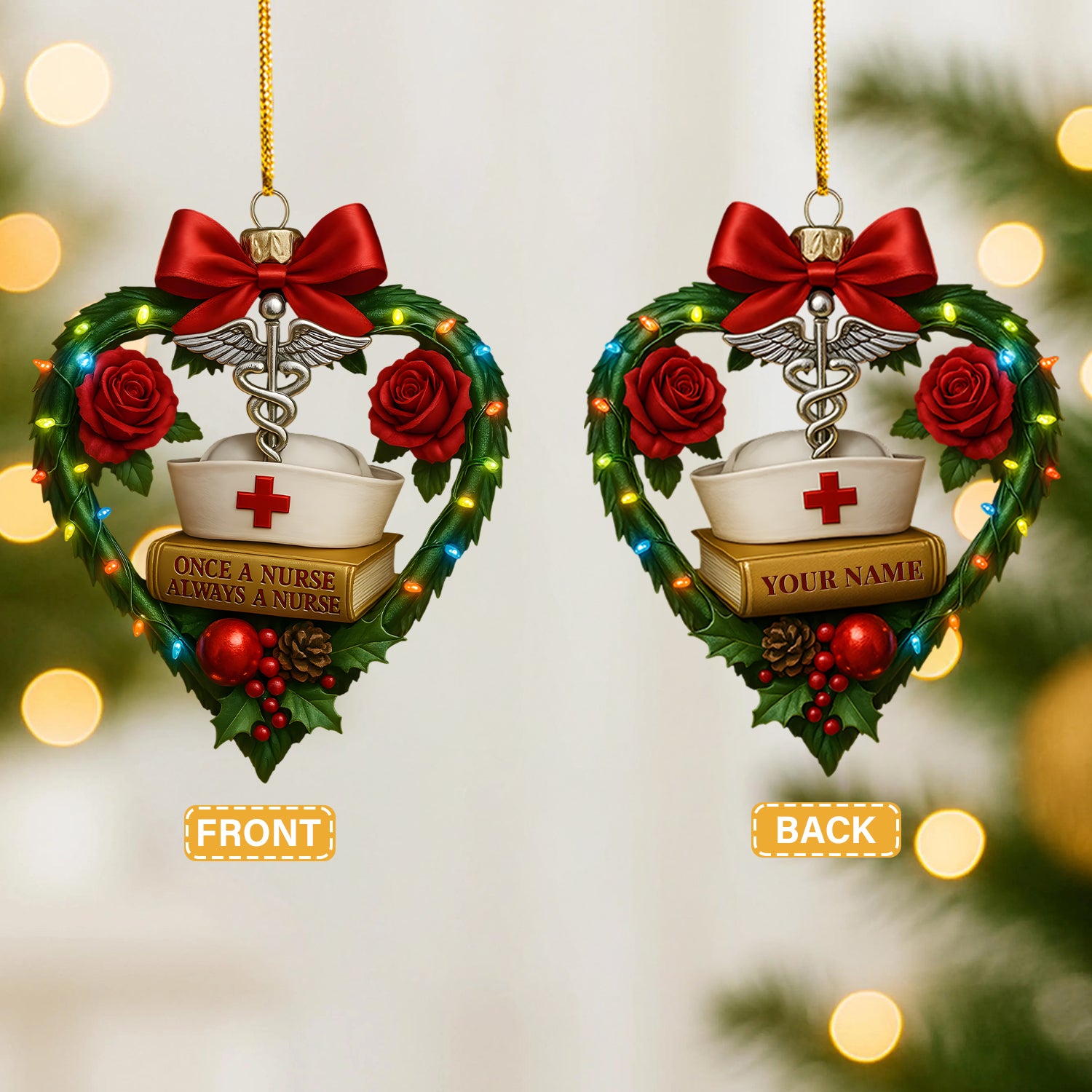 Custom Name Nurse Christmas Ornament with Heart and Roses, Inspirational Holiday Gift for Healthcare Workers