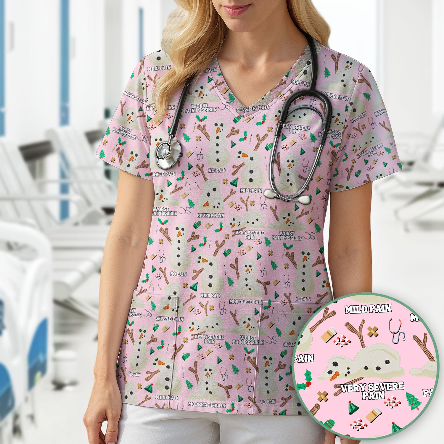 Christmas Snowman Nurse Scrub Top for Women - Funny Pain Scale Medical Shirt - Cute Holiday Nursing Uniform Gift for RN LPN CNA
