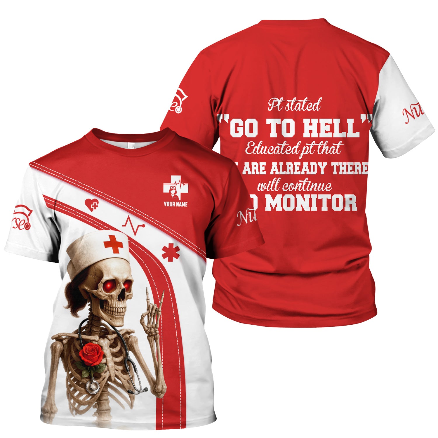 Funny Skeleton Nurse Shirt Personalized with Name - Dark Humor Gift for RN CNA LPN - Red White Scrubs Quote Tee for Healthcare Workers - Healthcare Dark Humor Tee