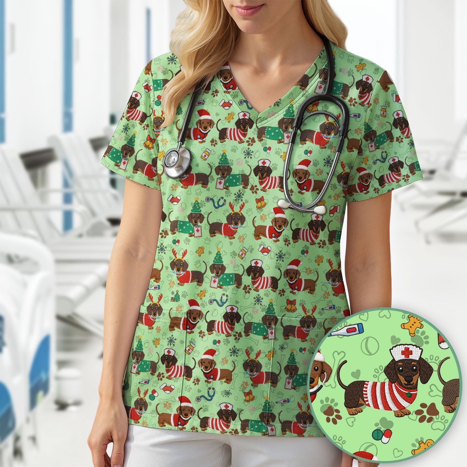 Christmas Wiener Dog Scrub Top for Nurses - Cute Dachshund Medical Shirt - Fun Holiday Scrubs Gift for Women RN CNA LPN