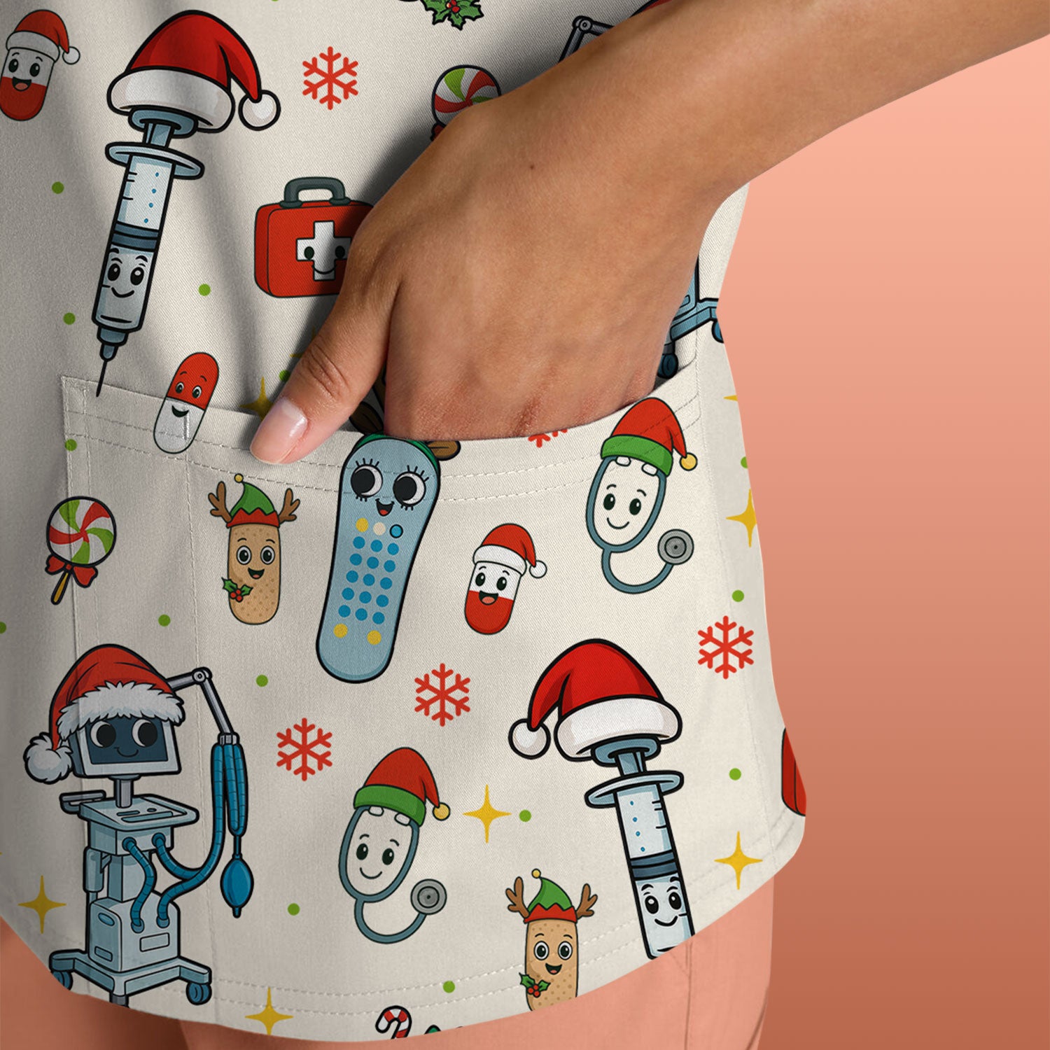 Christmas Scrub Top for Women - Funny Nurse Pattern with Robot & Reindeer - Festive Medical Shirt for Holiday Shifts