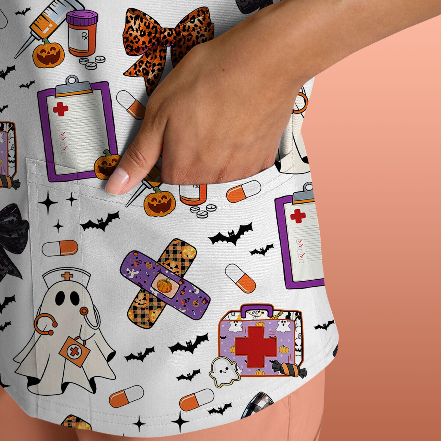 Spooky Cute Nurse Scrubs Top - Ghost, Pumpkin & Bow Print - Fun Halloween Medical Shirt for Women Nurses