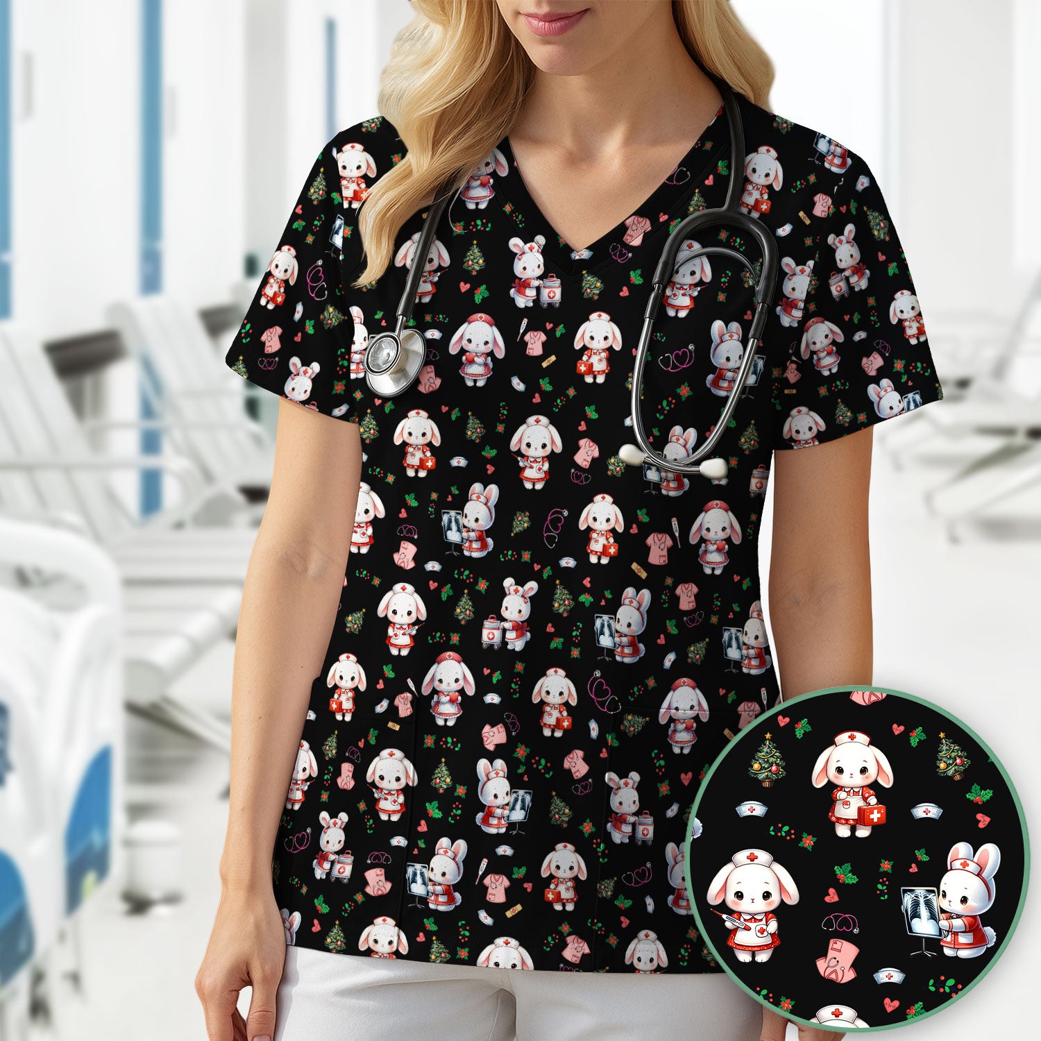 Comfortable Scrubs for Nurses - Funny Bunny Scrub Top - Rabbit Christmas Shirt - Xmas Med Uniform for Women