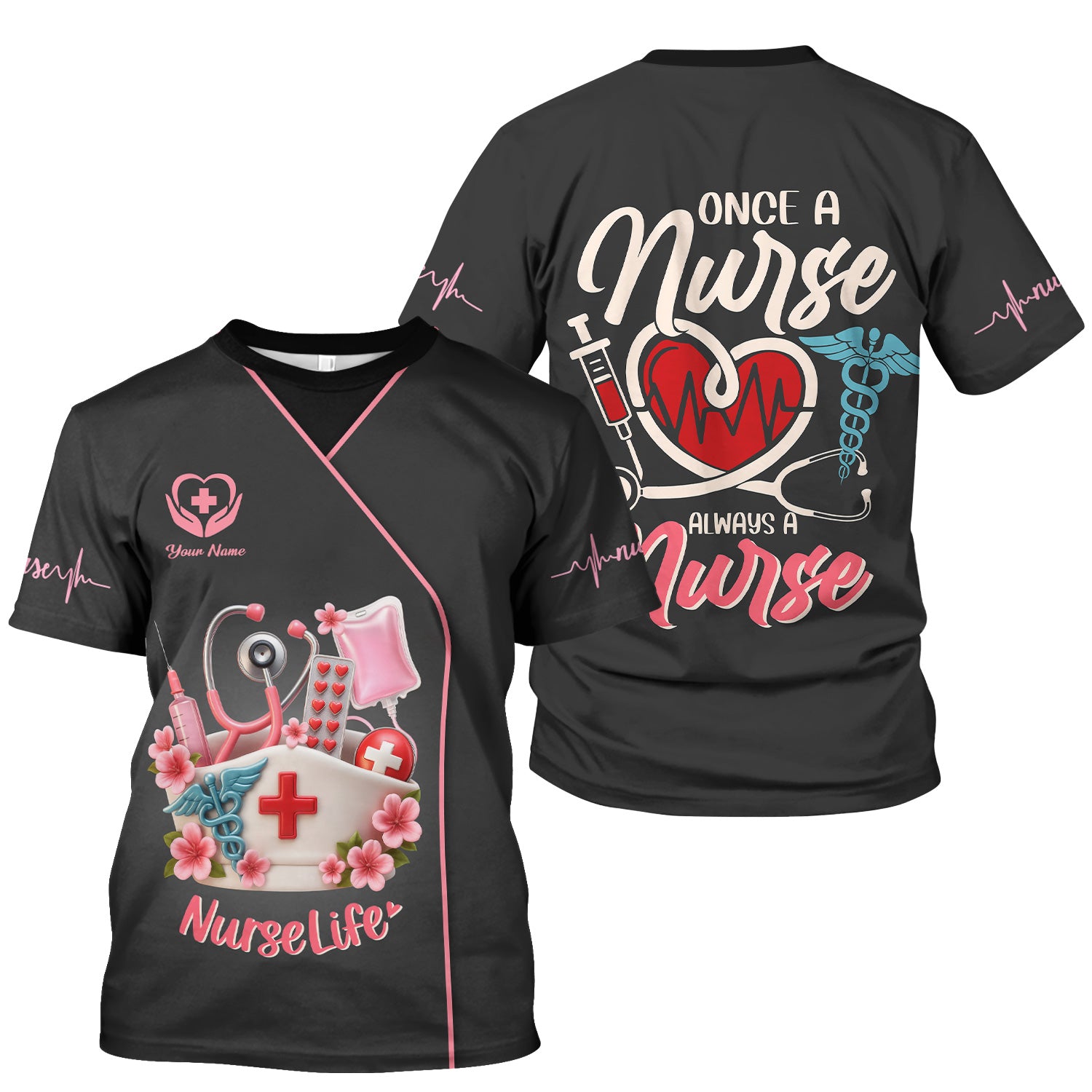 Personalized Nurse Life Shirt - Cute Pink Scrub Top Design with Medical Tools - Gift for RN LPN CNA Women
