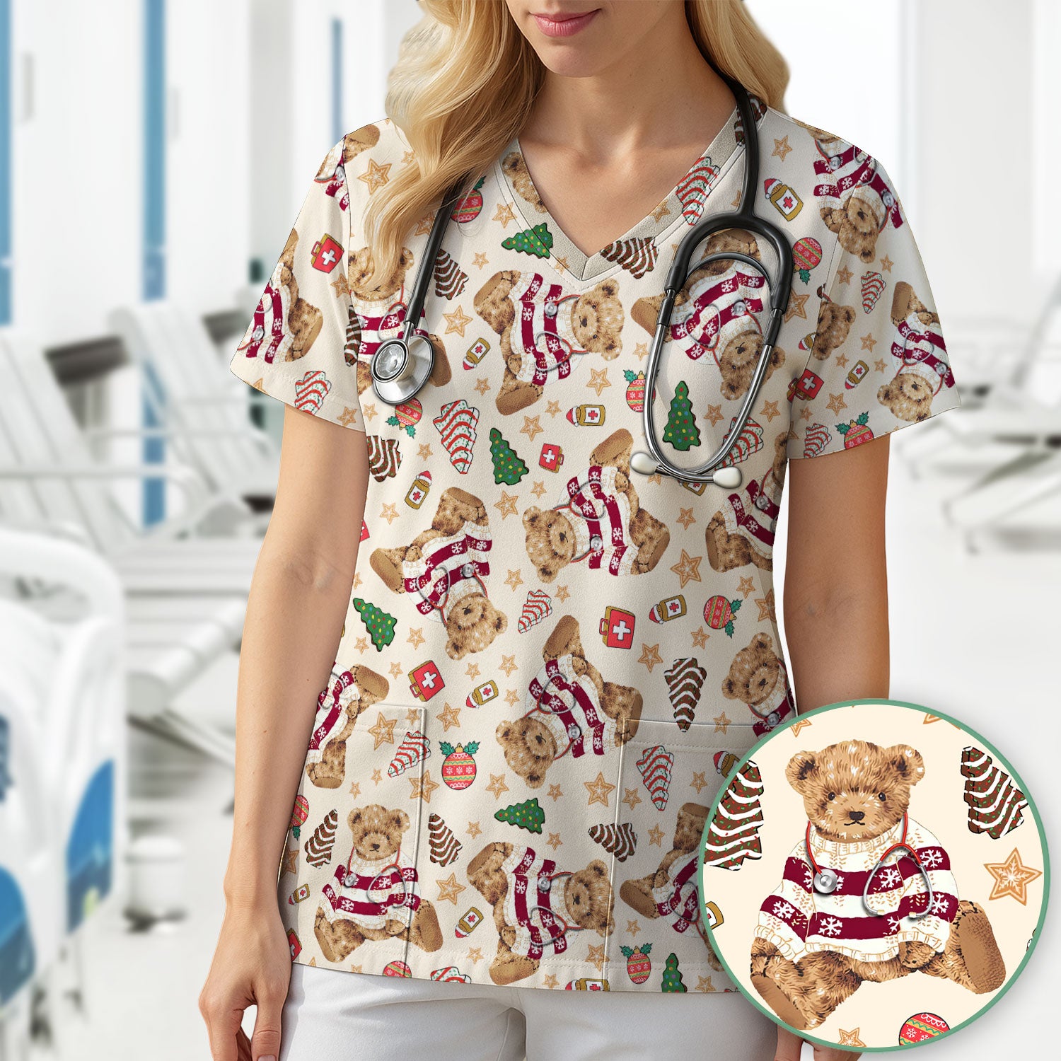 Christmas Teddy Bear Scrub Top for Nurses - Cozy Holiday Pattern with Cute Bear and Medical Icons - Festive Scrubs for Women