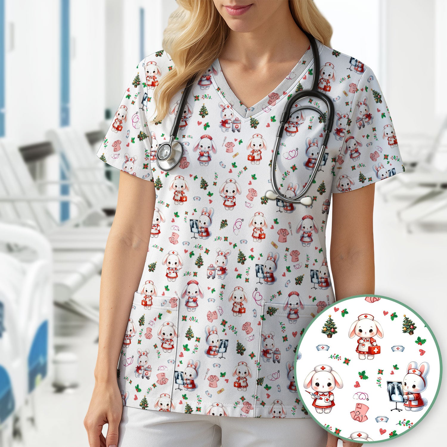 Comfortable Scrubs for Nurses - Funny Bunny Scrub Top - Rabbit Christmas Shirt - Xmas Med Uniform for Women