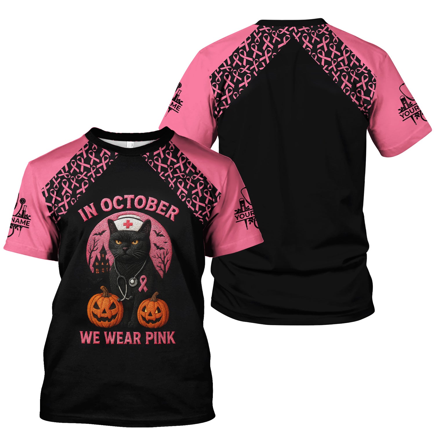 In October We Wear Pink Scrub Top - Breast Cancer Awareness Shirt for Women - Halloween Gift for RN CNA LPN ER