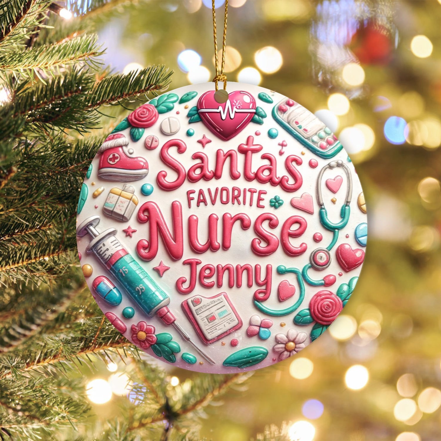 Custom Santa's Favorite Nurse Ornament, Christmas Tree Ceramic Decor, Gift for LPN CNA RN