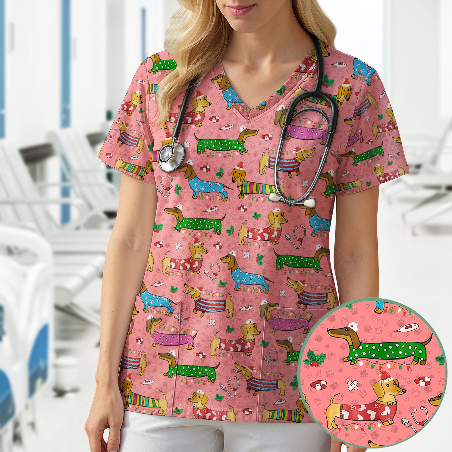 Christmas Scrub Top for Women - Funny Dachshund Nurse Shirt - Cute Holiday Medical Uniform Gift for RN LPN CNA