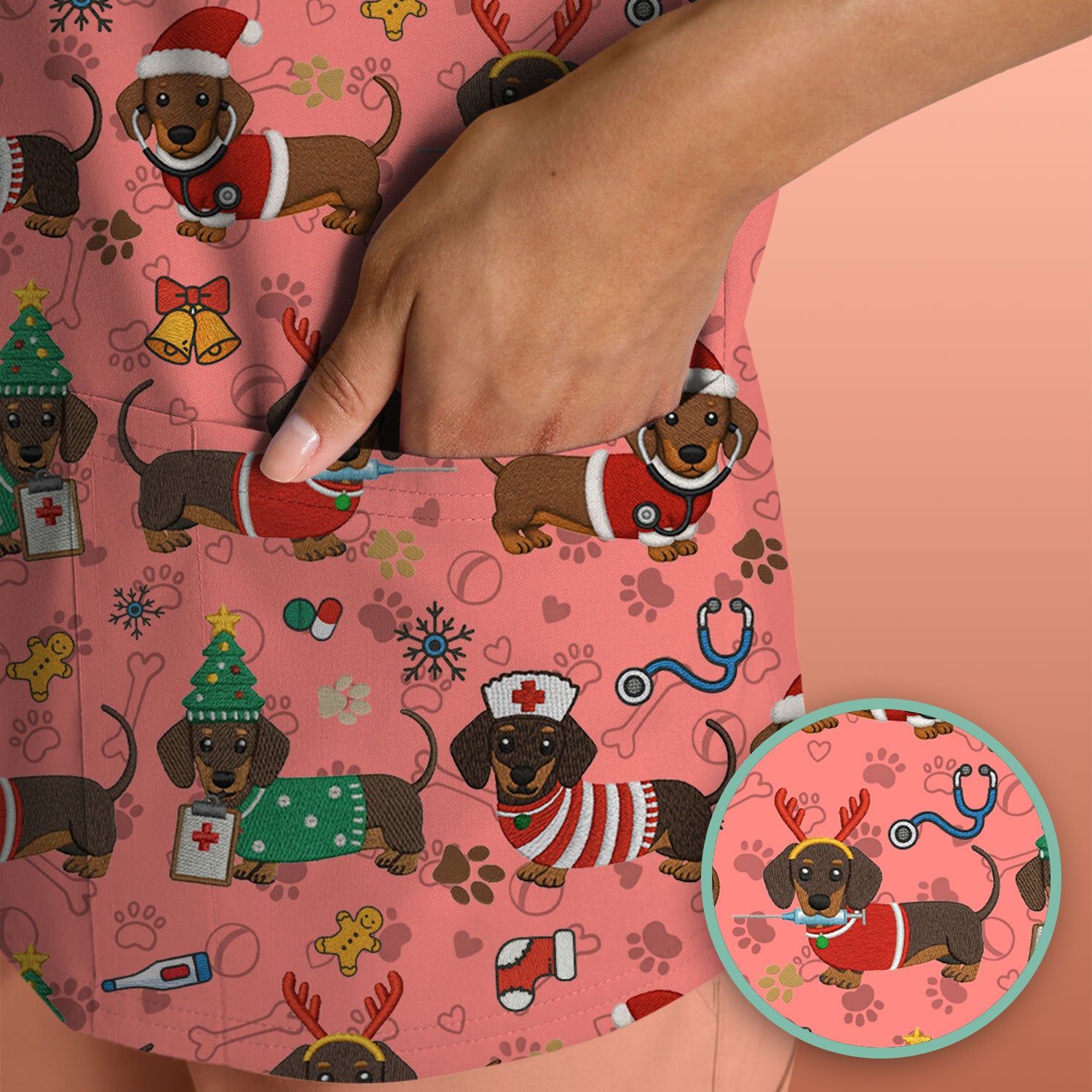 Christmas Wiener Dog Scrub Top for Nurses - Cute Dachshund Medical Shirt - Fun Holiday Scrubs Gift for Women RN CNA LPN