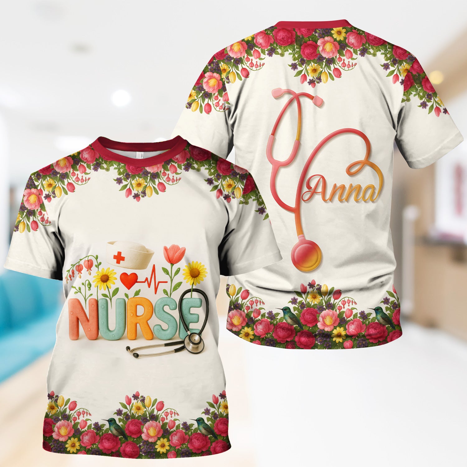 Personalized Floral Nurse Shirt with Name - Cute Colorful Flowers and Stethoscope Design - Thoughtful Gift for Women RN CNA LPN in Healthcare and Nursing Profession