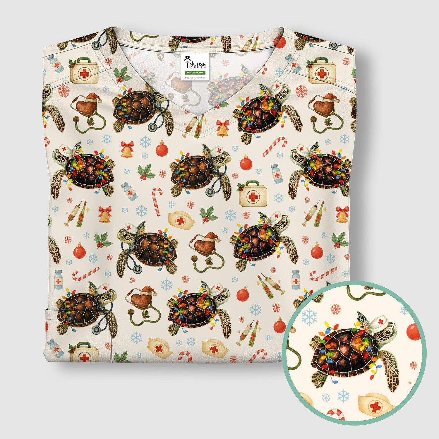 Christmas Turtle Scrub Top for Women - Cute Sea Turtle Nursing Medical Shirt - Festive Holiday Scrubs for CNA LPN RN