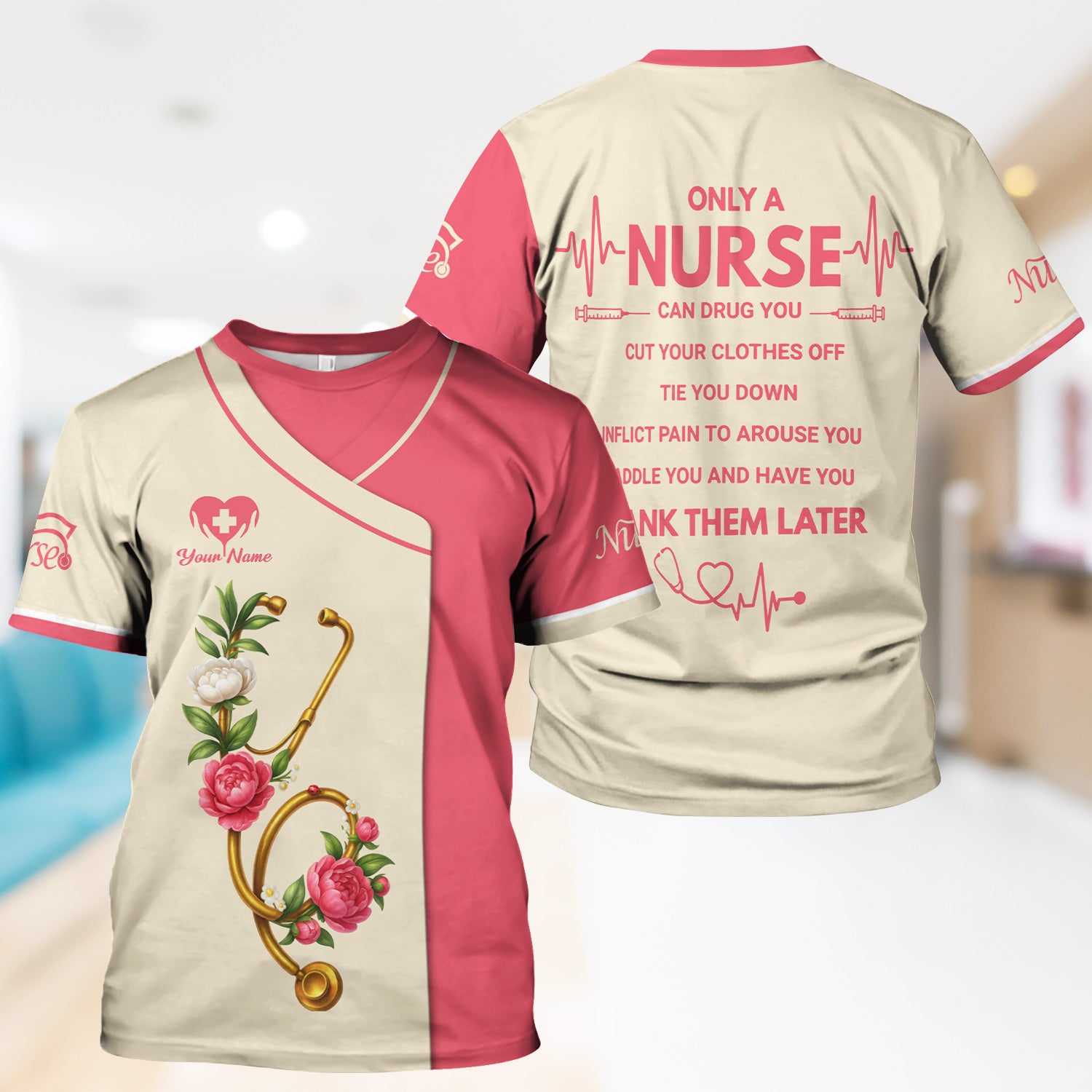 Custom Floral Nurse Scrub Top for Women - Medical Uniform with Stethoscope Design - Gift for RN, CNA, LPN, Medical Staff
