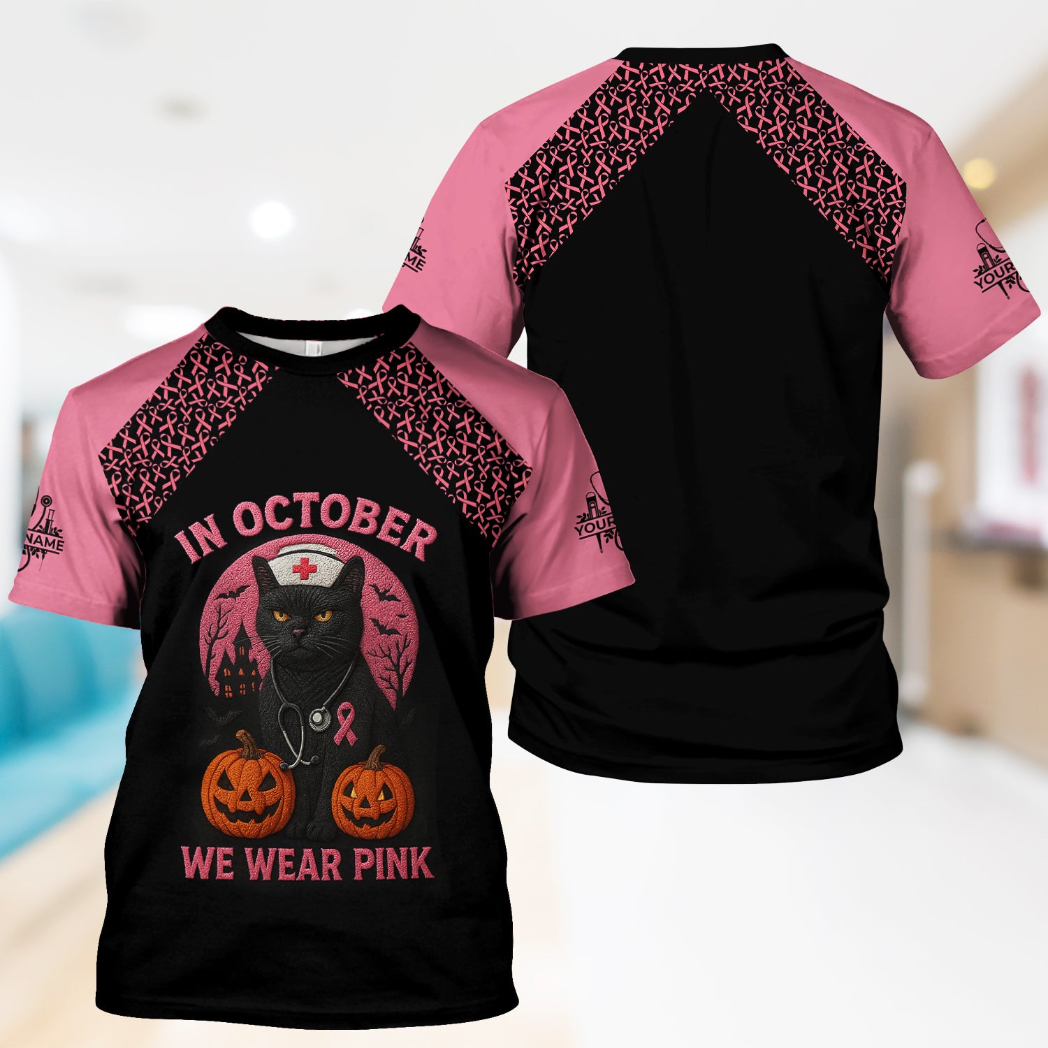 Custom Breast Cancer Awareness Nurse Shirt - In October We Wear Pink Halloween Cat Tee - CNA RN LPN Nursing Apparel Gift