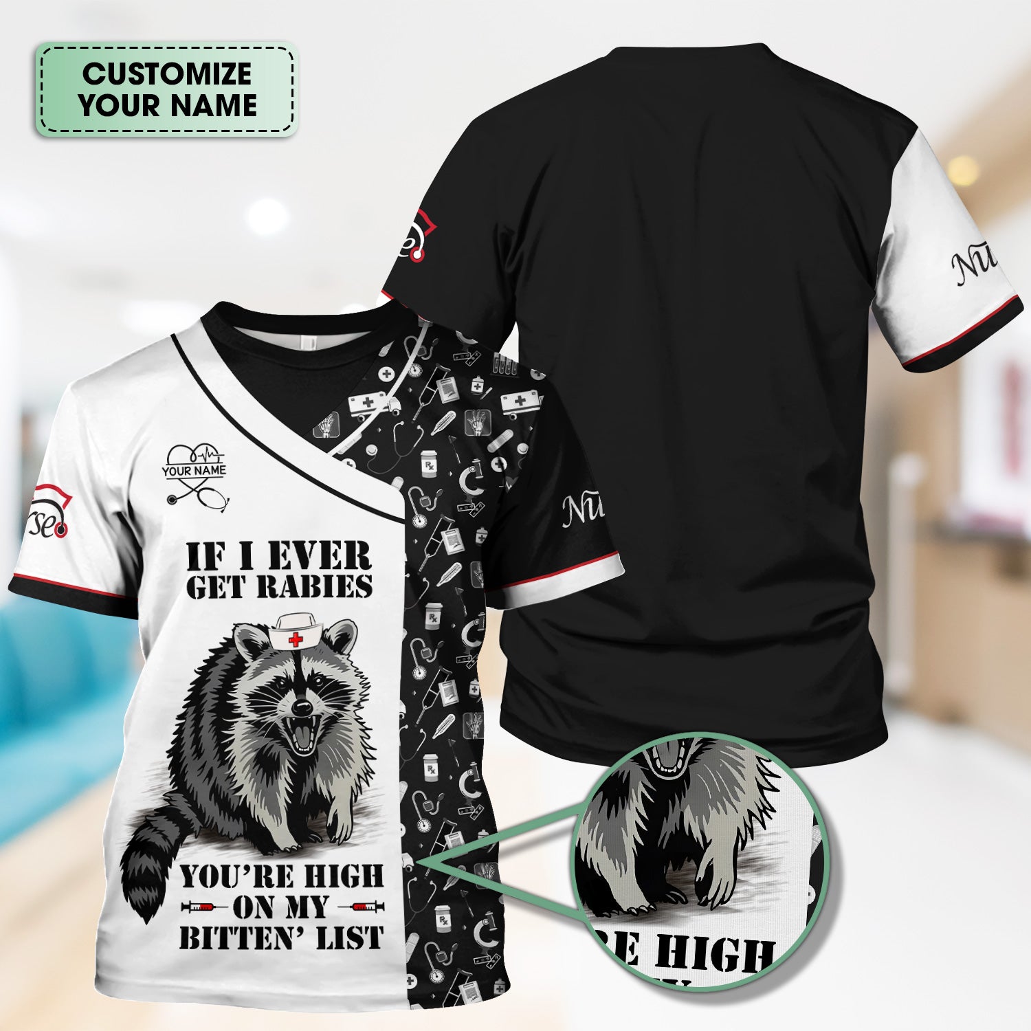 Custom Name Funny Nurse Scrub Top - You're High On My Bitten List - Gift for RN LPN CNA Healthcare Staff