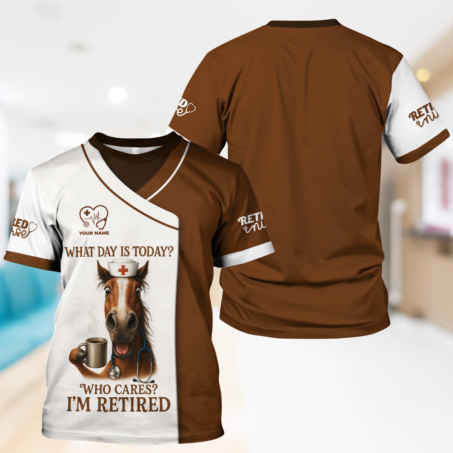 Funny Scrubs Top for Retired Nurse - Horse Design with Coffee Mug Quote - RN LPN Medical Staff Retirement Gift