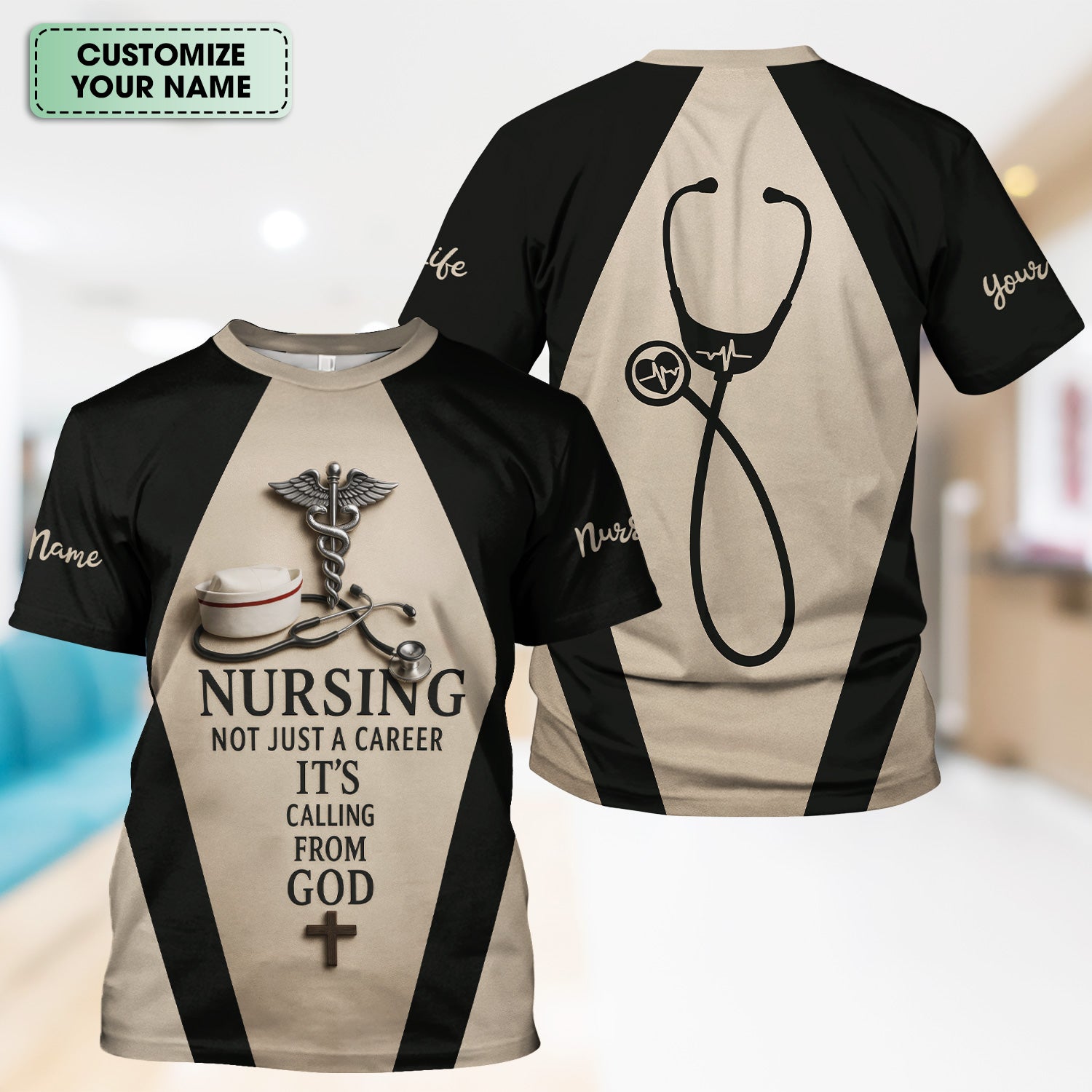 Personalized Nurse Scrubs - Stethoscope & Cross Design - Nursing Is A Calling Shirt for RN CNA LPN Healthcare Workers