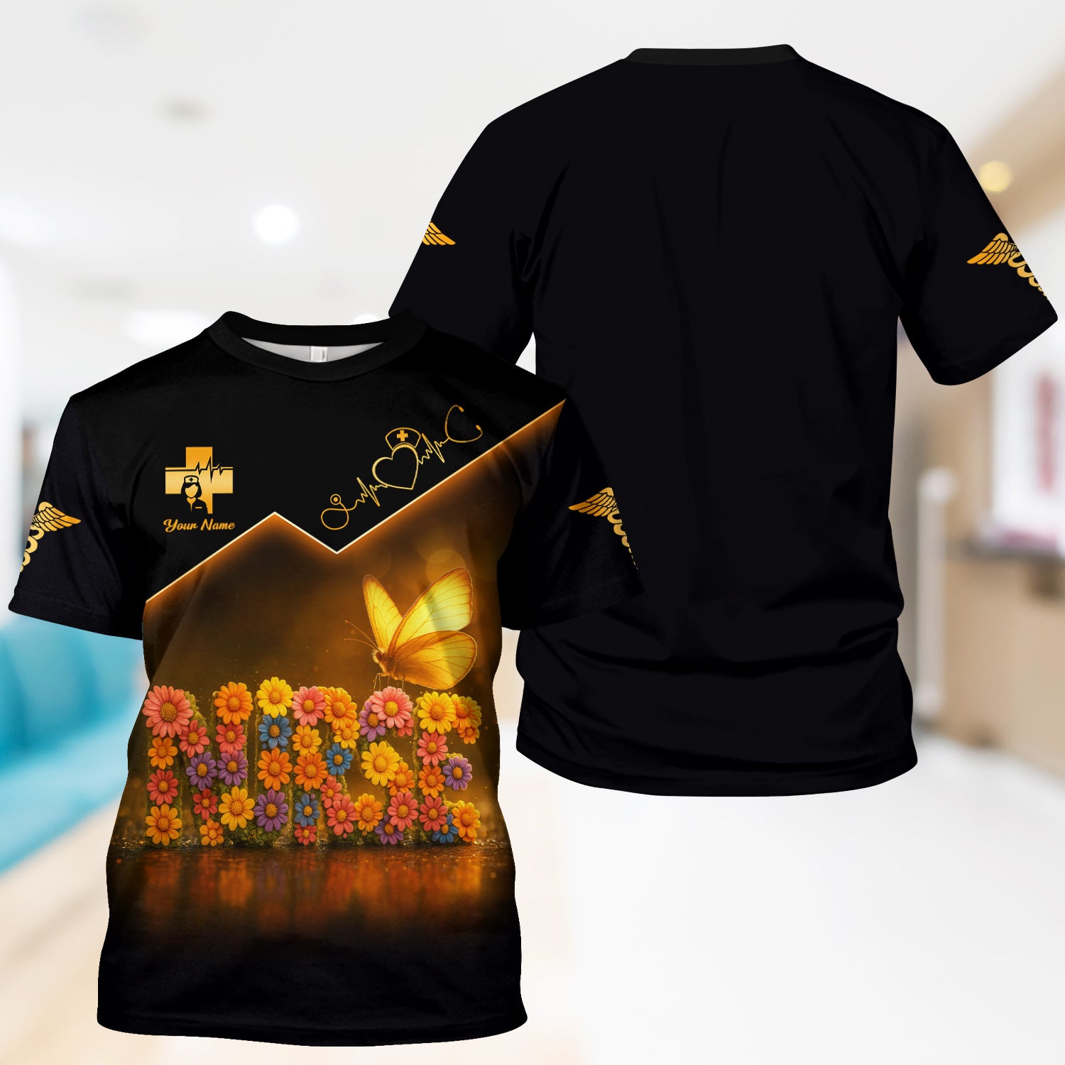 Custom Name Nurse Scrub Top for Women - Floral Butterfly Design with Golden Accents - Medical Uniform Gift for RN LPN CNA