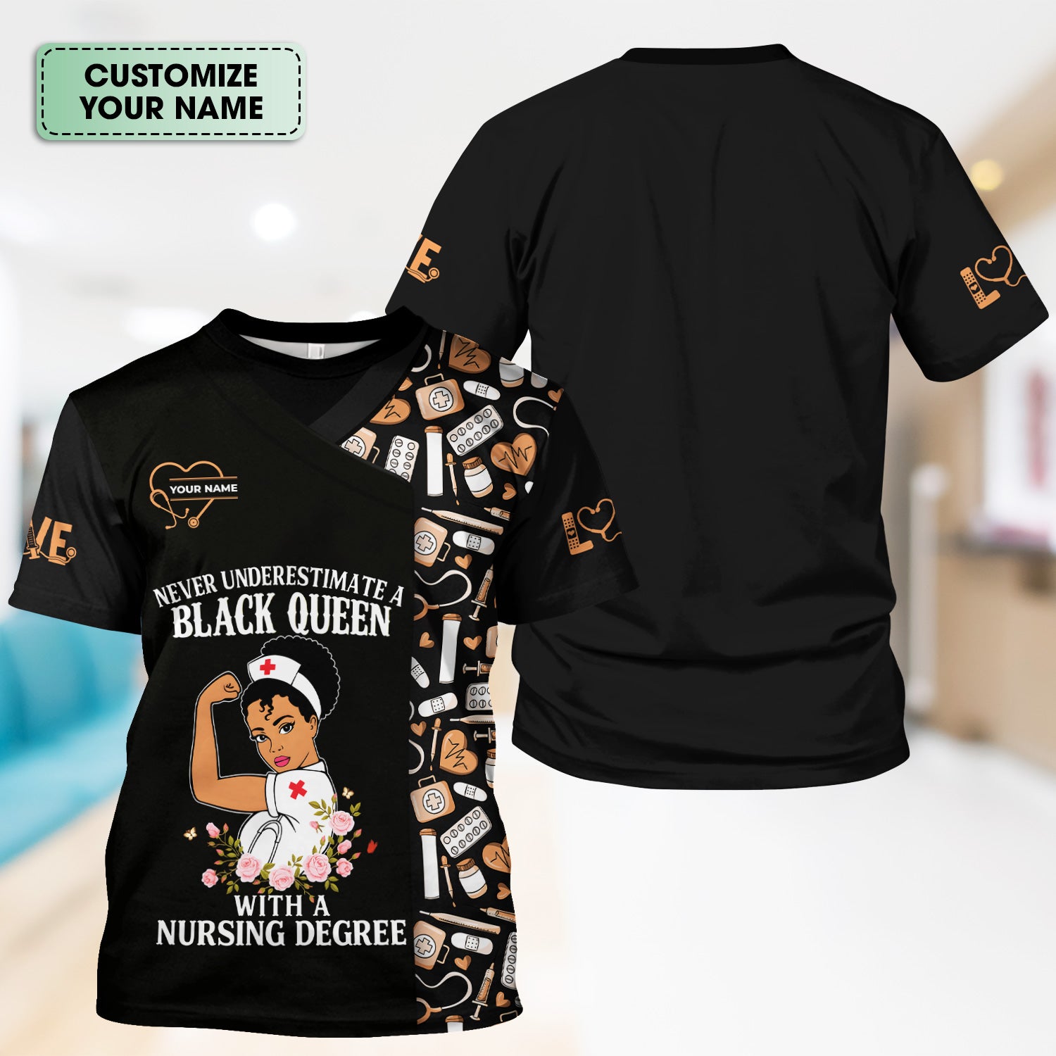 Personalized Nurse Scrub Top for Women - Black Queen With A Nursing Degree - RN LPN CNA Healthcare Workers Gift