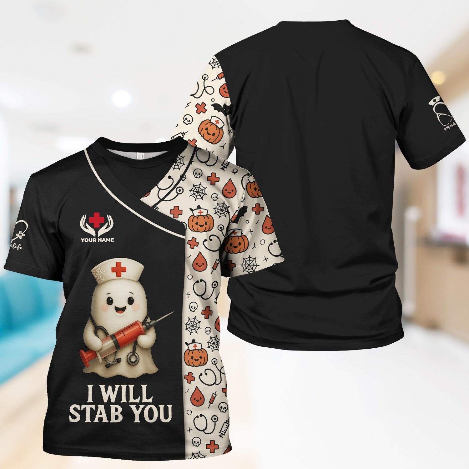 Personalized Halloween Medical Nurse T-Shirt - Funny Ghost with I Will Stab You Quote - Custom Name Gift for RN LPN CNA Healthcare Professionals