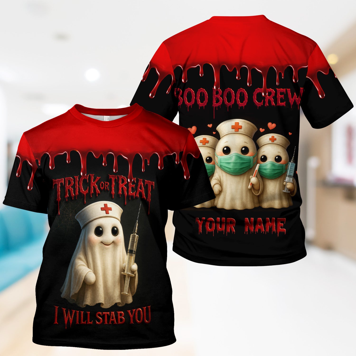 Funny Halloween Nurse T-shirt - Trick or Treat Boo Boo Crew with Syringe Design - Customizable Gift for Healthcare Workers, RN, LPN